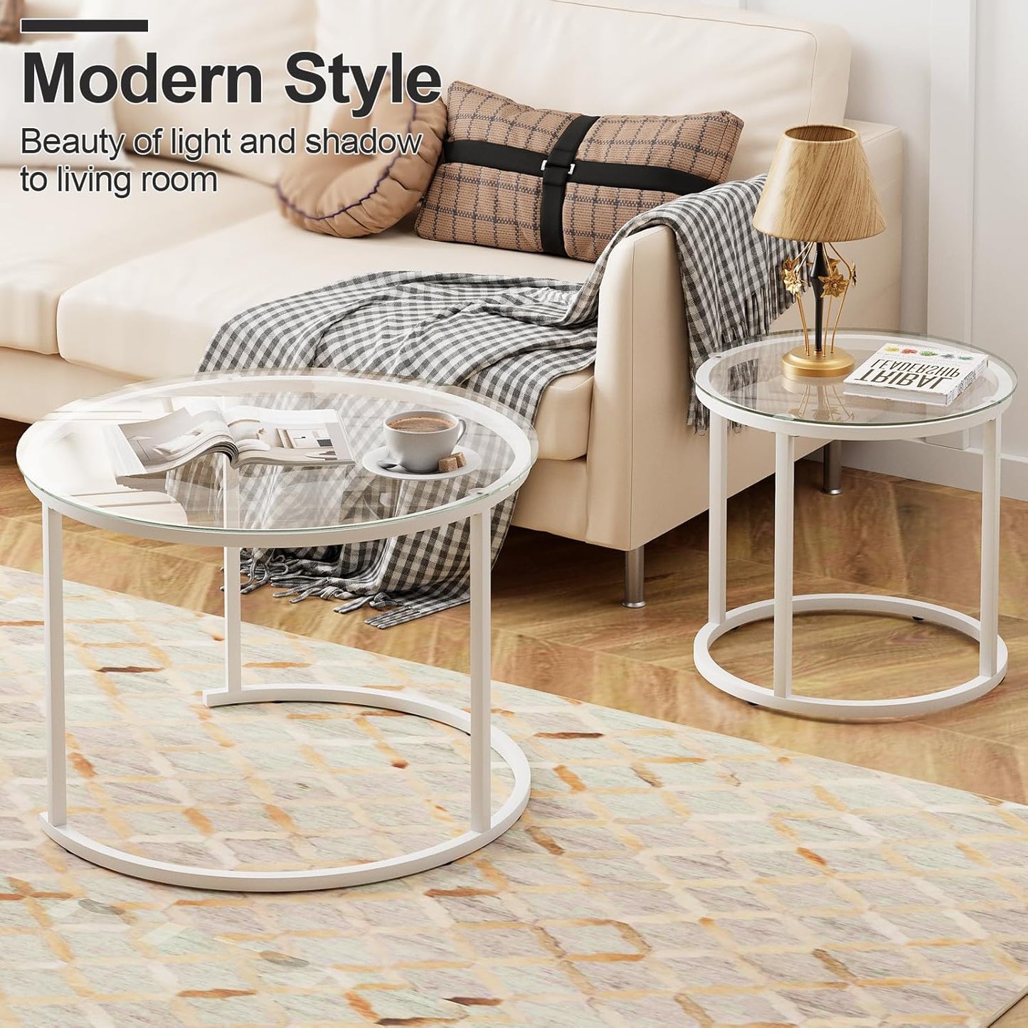 aboxoo White Nesting Glass Table Set of 2, Small Glass Round Nesting Tables for Living Room Bedroom, Accent Tea Table with Metal Frame Modern Industrial Simple