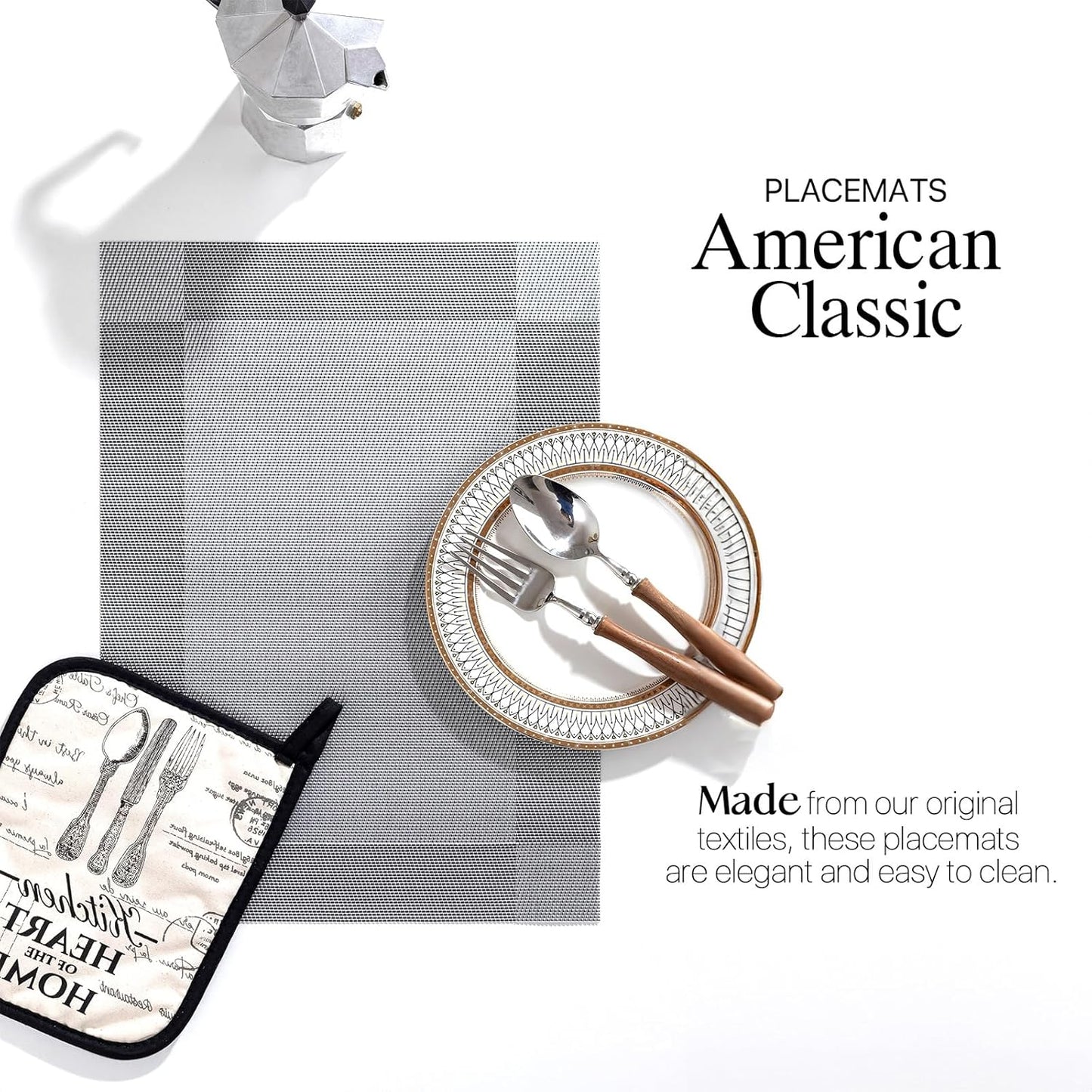 LEXMORE Placemats Set of 12 Vinyl/Plastic Woven Place Mats for Kitchen Table Indoor/Outdoor Washable Placemat Wipeable Dining Table Mats(G-Silver Cube)