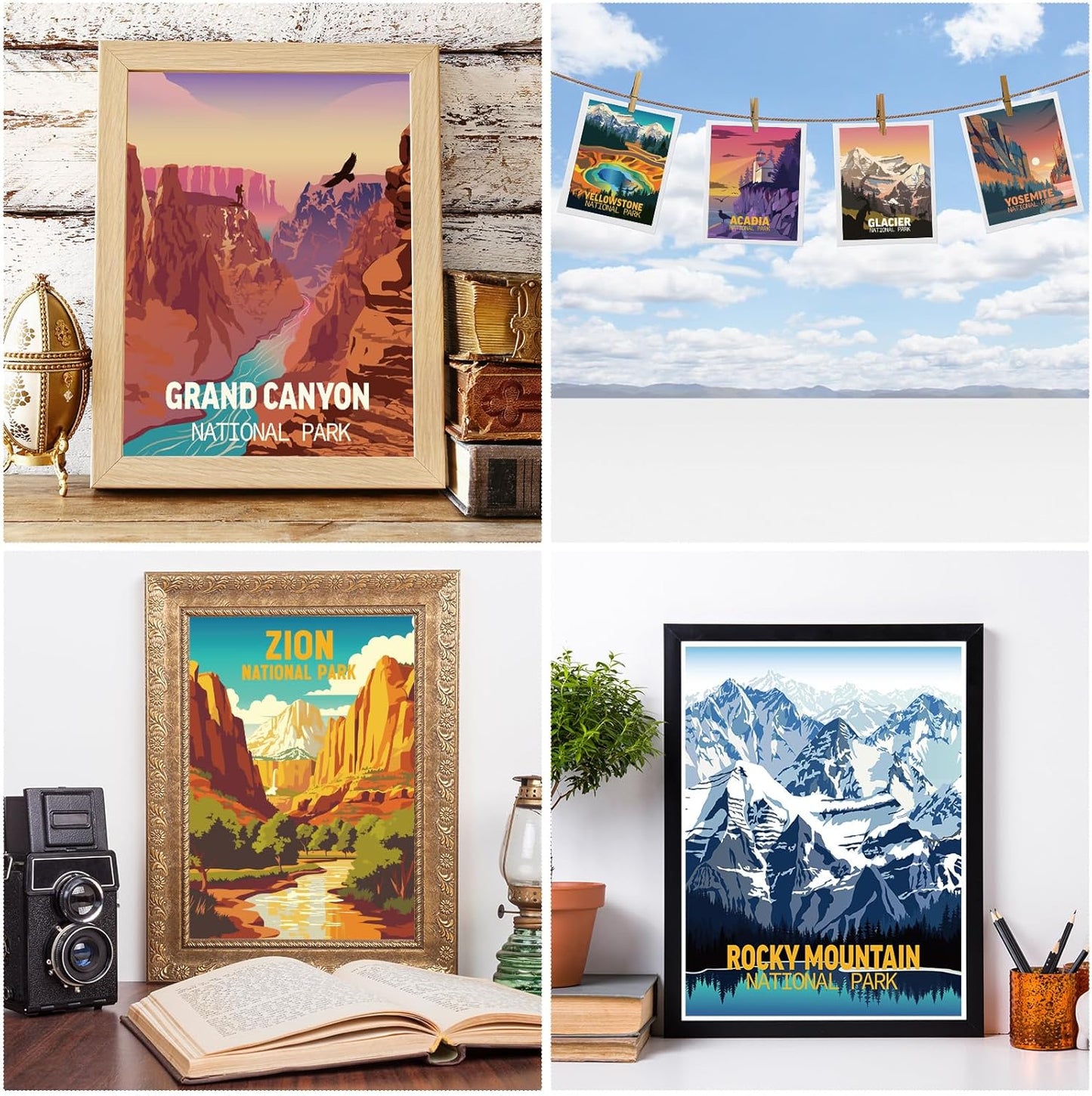 Outus 9 Pieces Vintage National Park Art Posters Prints Nature Art and Mountain Print Set Abstract Travel Unframed for Hikers Campers Living Room Decor, 8 x 10 Inch(National Park)