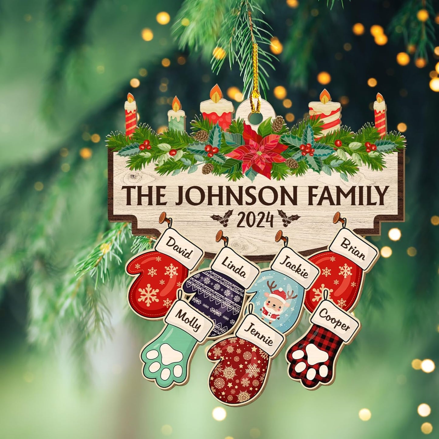 Family with Pet Ver 2 - Personalized Custom Wood Ornament, Family Gloves Christmas Ornament 2024, Xmas Ornament Gifts for Family Tree Decoration (A06, 8 Names)