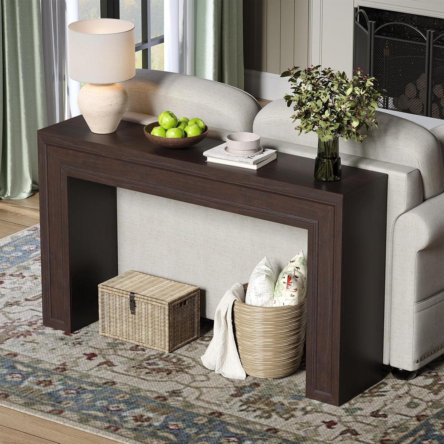 Rresyet 55 Inch Long Console Table, Sofa Table Behind Sofa, Wooden Entryway Table, Farmhouse Entryway Table for Entry, Hallway, Living Room (Cherry)