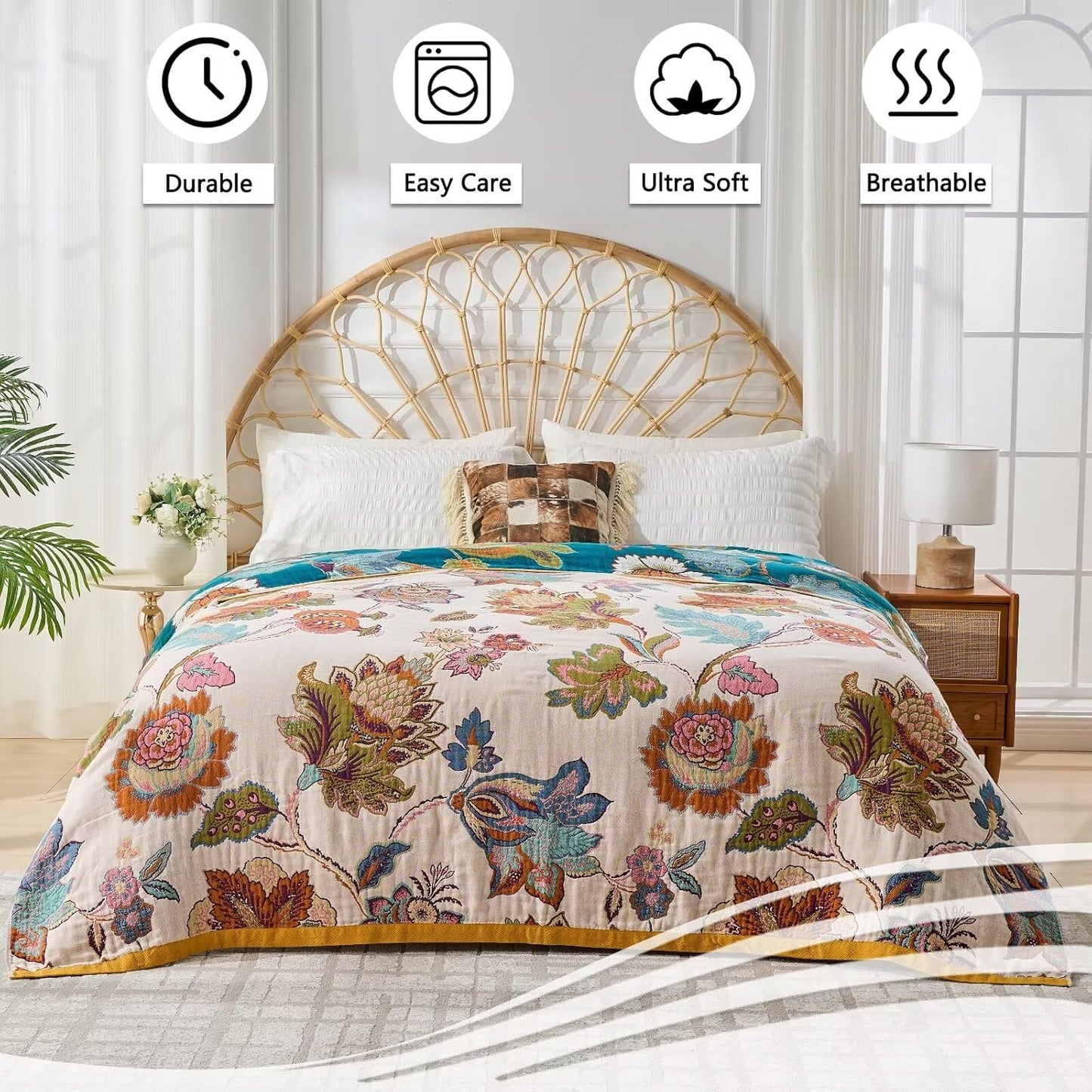 Boho Throw Blanket for Bed Couch 100% Cotton Woven Bed Throws for Summer, Lightweight and Soft Cozy Farmhouse Reversible Muslin Decorative Blanket for Travel Picnic, Teal/Cream, 80"x90"