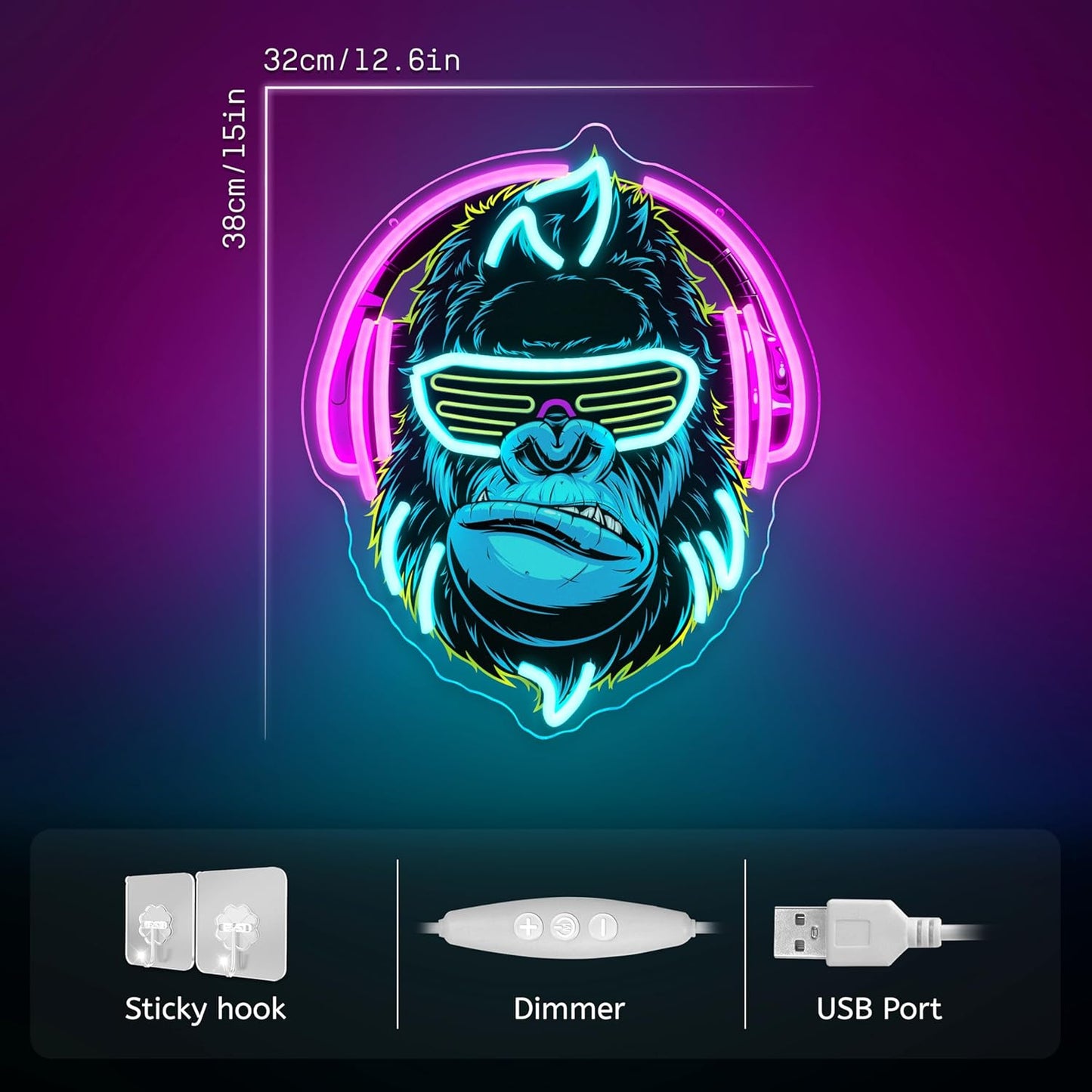 Headphones Gorilla Neon Sign Dimmable Kong Led Neon Light for Wall Decor,Game Room,Man Cave,Home Party Bar Decor,USB Powered Led Sign