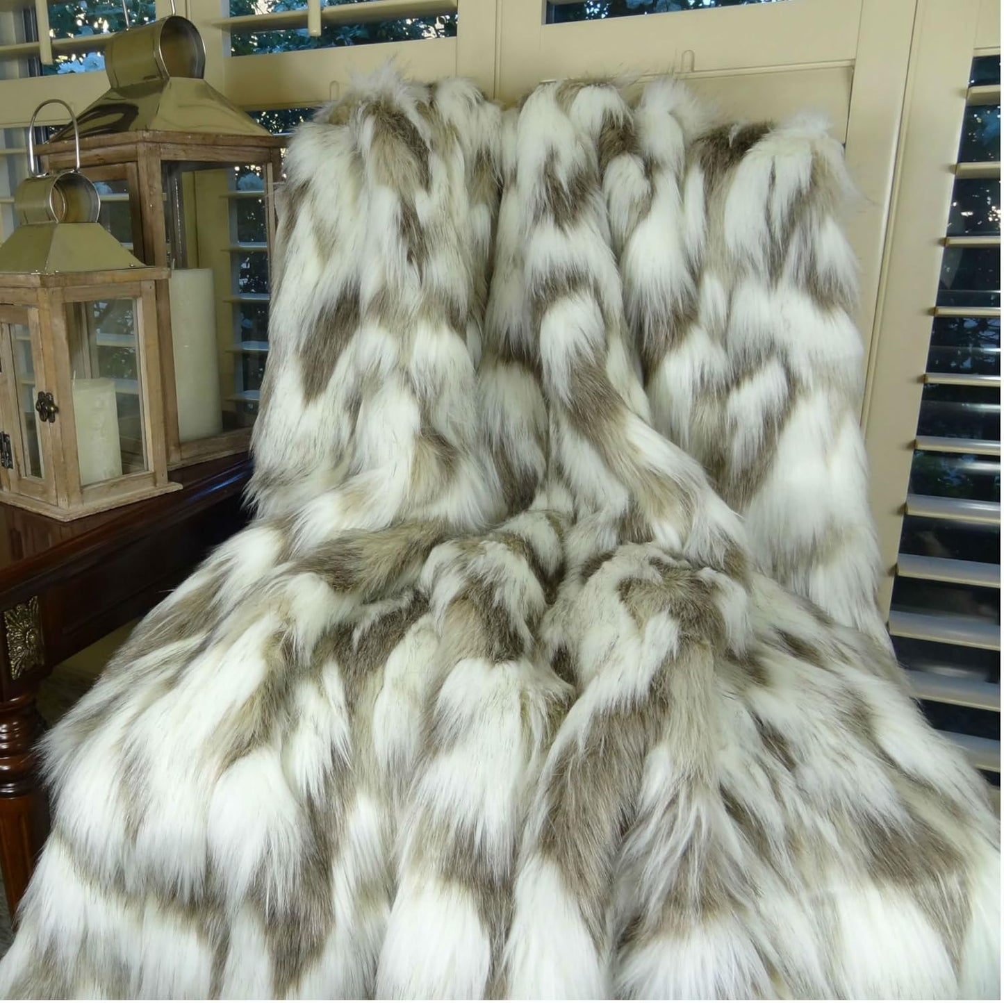 Ivory Beige Luxury Faux Fur Throw Blanket - Tibet Fox Fur - 80W x 90L