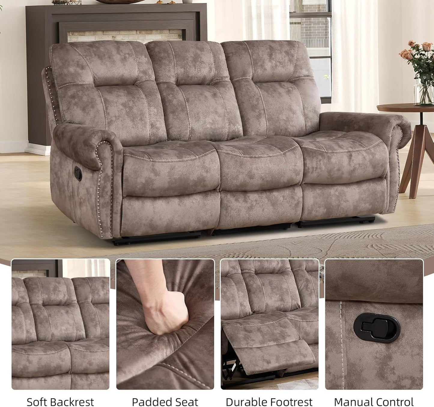 EBELLO 2 Pieces Manual Reclining Couch Furniture Set for Living Room, 2 Seat Loveseat and a 3 Seater Sofa, Vintage Rivet Mid-Century Design for Living Room, Brown