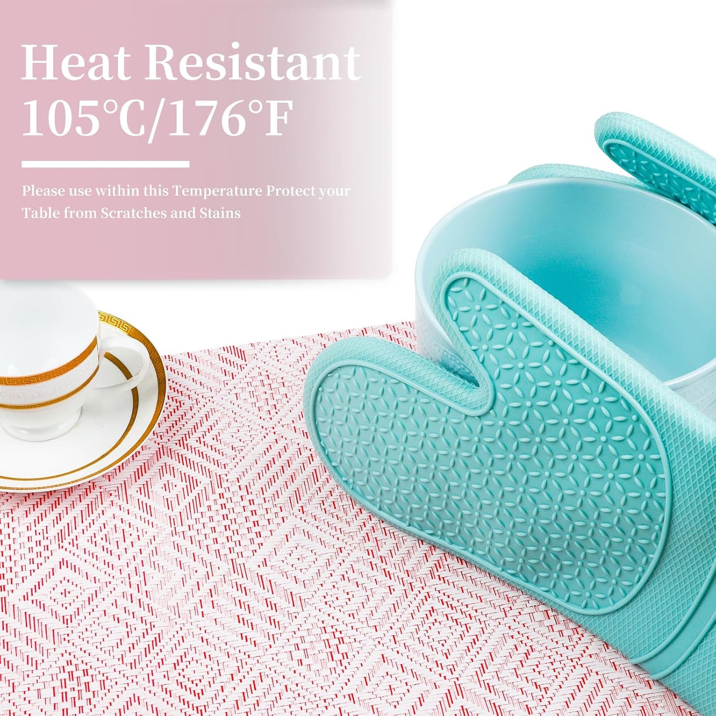 Vinyl Plastic Placemats Set of 6 Washable Heat Resistant Non-Slip Elegant Indoor Outdoor Kitchen Dining PVC Woven Table Place Mats (Red Pink Squares)