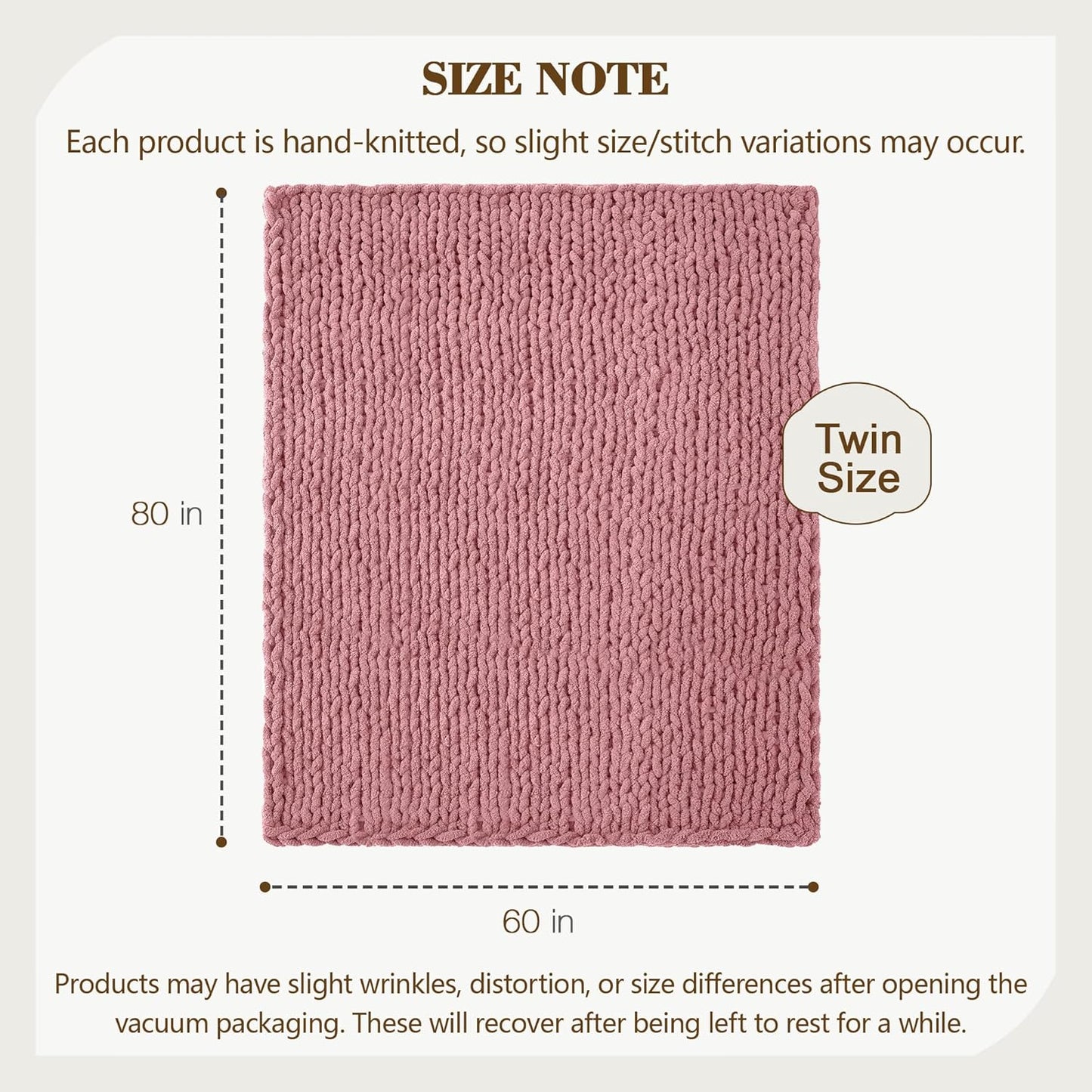 Carriediosa Chunky Knit Throw Blanket 60" X 80" Twin, 100% Hand Made Large Chenille Loop Yarn Soft Fluffy Throws for Couch Sofa Bed, Big Crochet Cozy Heavy Thick Cable Woven Blanket, Mauve