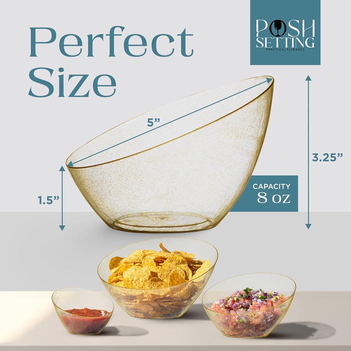 Posh Setting Gold Plastic Serving Bowls - Angled, Disposable for Chips, Candy, Salad, Fruit - Wedding and Party Table - Gold Glitter, 8 OZ, 5 Pack
