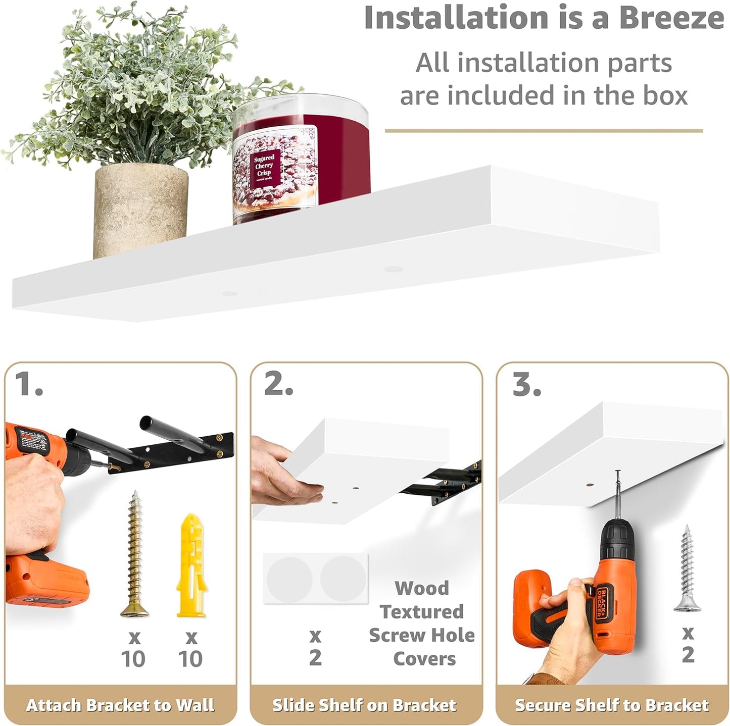 Sorbus Floating Shelves for Wall - 24" Bathroom Shelves, Wall Decor for Bedroom, Kitchen, Living Room, Home Decor & Book Storage - Mounted Floating Shelf with Invisible Brackets (White, 4 Pack)