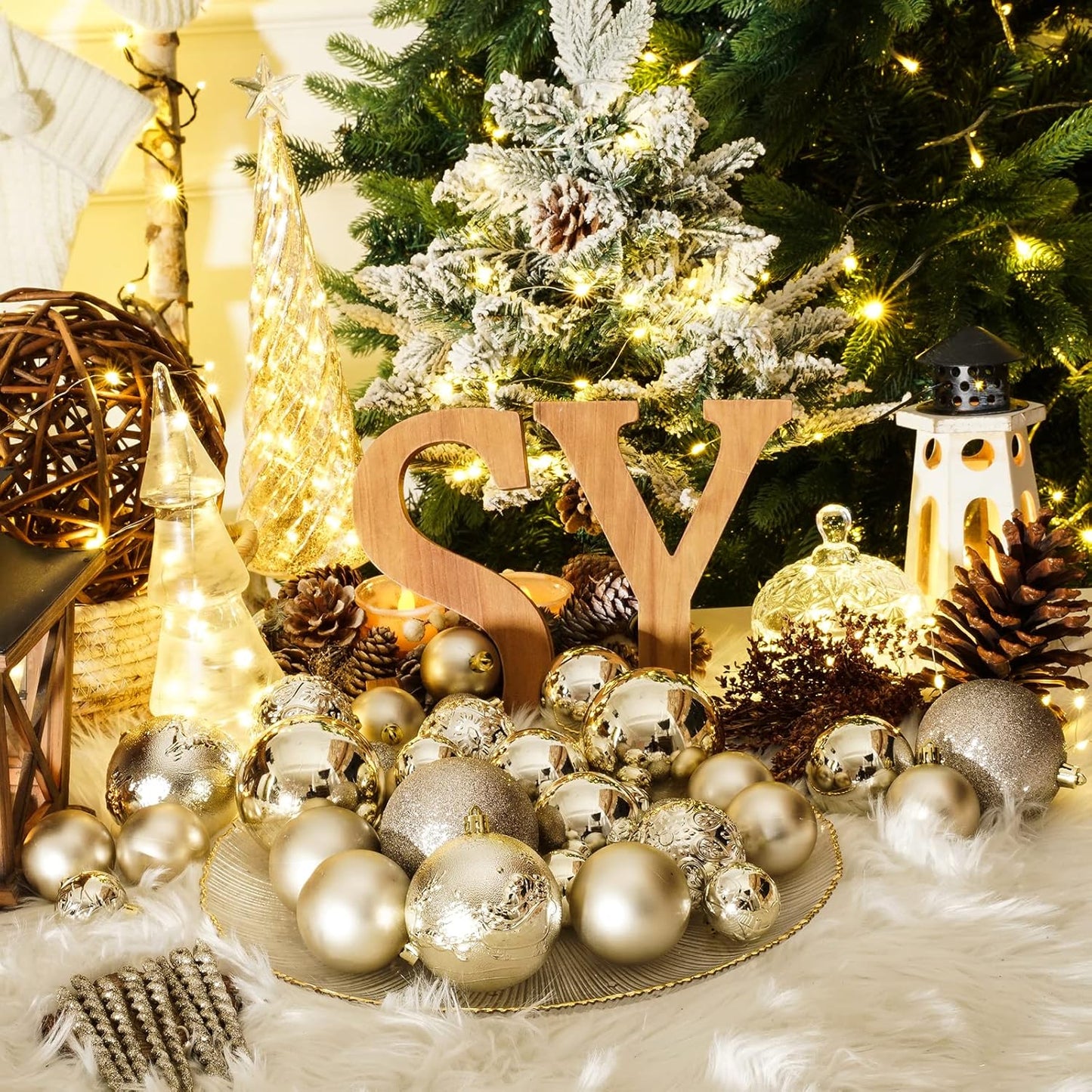 Christmas Ball Ornaments for Christmas Decorations - 41 Pieces Xmas Tree Champagne Gold Shatterproof Ball Ornaments with Hanging Loop for Holiday and Party Decoration