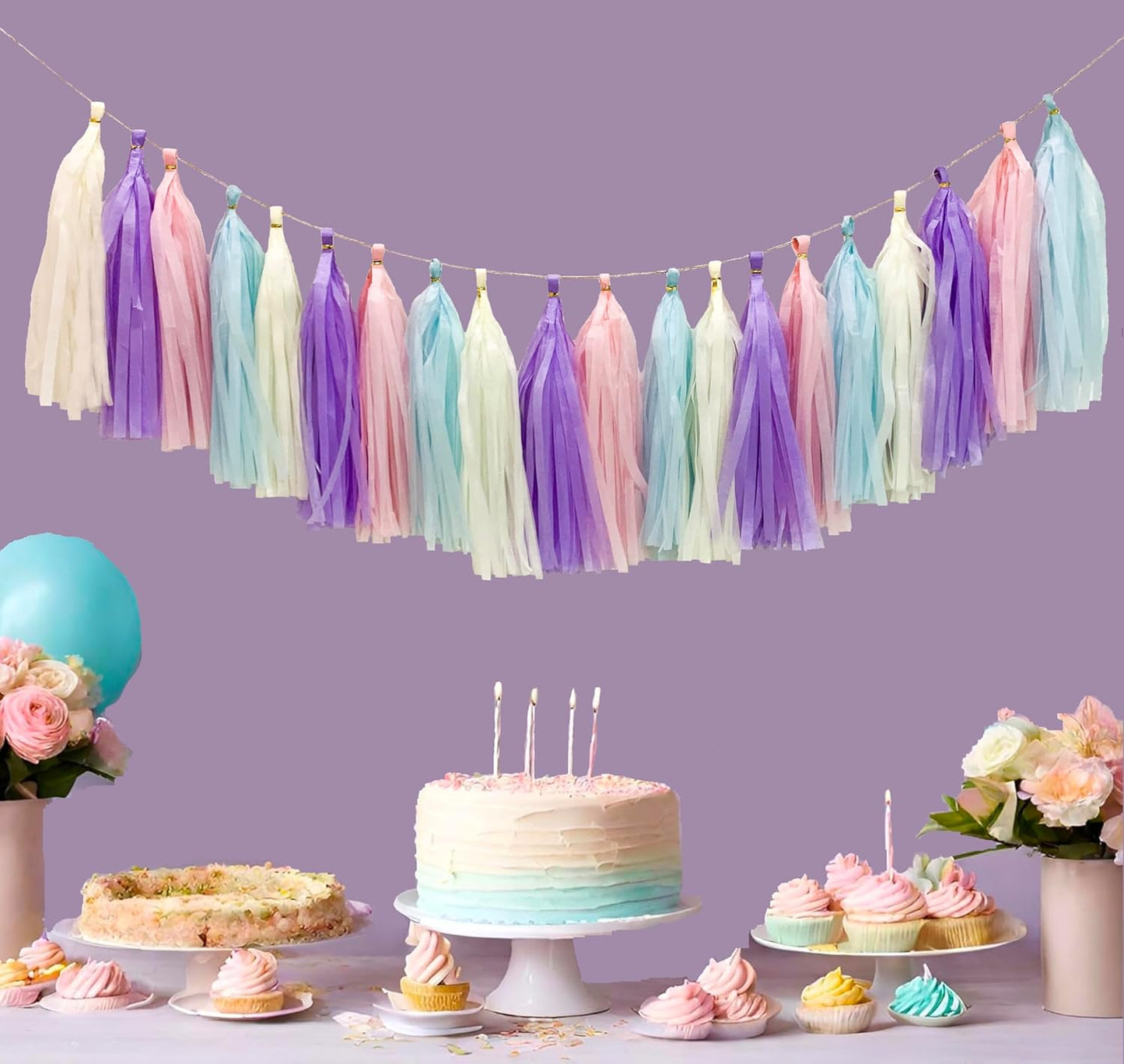 Pastel Rainbow Colorful Tissue Paper Tassel Garland,Tissue Tassel Banner for Party Decorations,Pack of 20