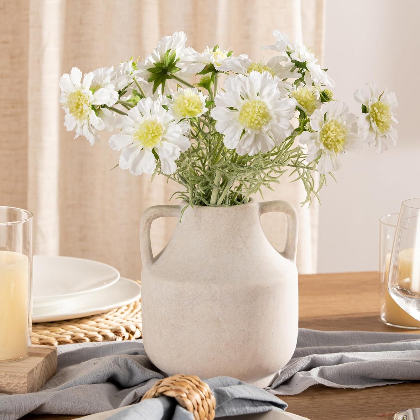 Mitt&Ditt Ceramic Flower Vase with Handles, 8 inch Tall Off-White Vase, Decorative Terracotta Vases, Farmhouse Rustic Pottery Vases for Home Decor, Living Room, Table