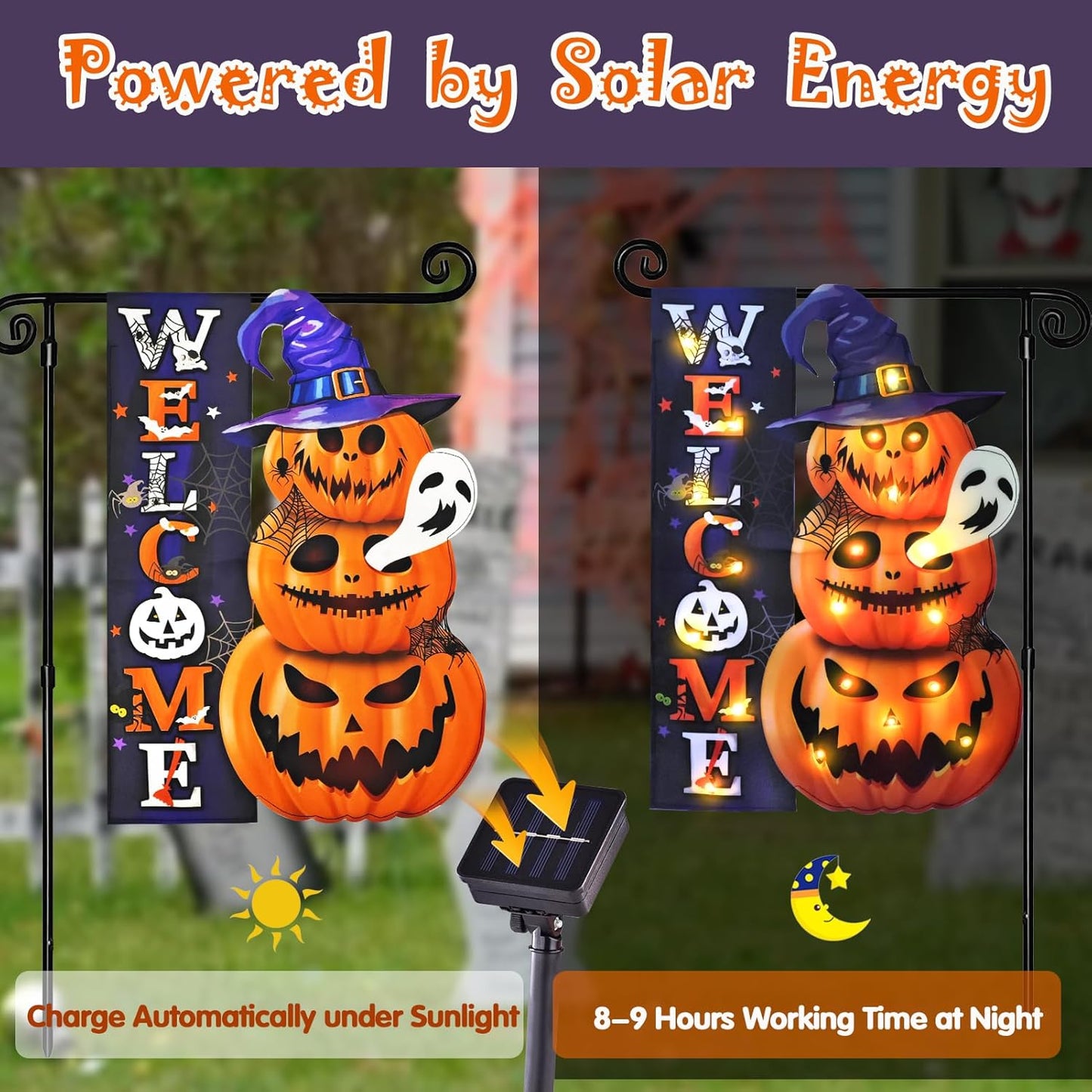 Halloween Lighted Garden Flag, Solar Yard Flag for Outside, 8 Modes Double Sided Welcome Halloween Pumpkin Outdoor Decorations for Home Porch (Pumpkin-12x18)