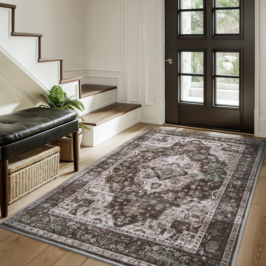 AMOAMI-3X5 Area Rug-Soft Washable Vintage Throw Accent Rugs for Living Room, Entryway, Bedroom, Kitchen, Bathroom, Laundry Room, Kitchen, Bathroom, Bedside, No Slip Brick/Brown