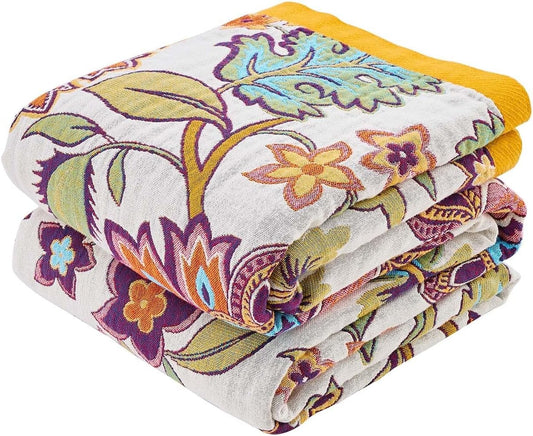 Boho Throw Blanket for Bed, 100% Cotton Soft Rustic Quilt Fall Blanket, 80"x90" Floral Printed Farmhouse Decor Bed Blankets, All Season Rustic Reversible Bohemian Throw Quilt