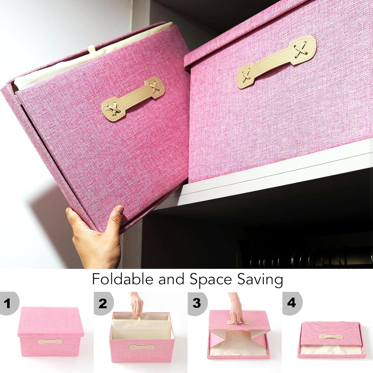 Enzk&Unity Decorative Storage Bins with Lids, Fabric Linen Foldable Storage Box with Handle Home Organizer for Shelf, Closet, Bedroom, Living Room, Office, 3 Packs, Pink