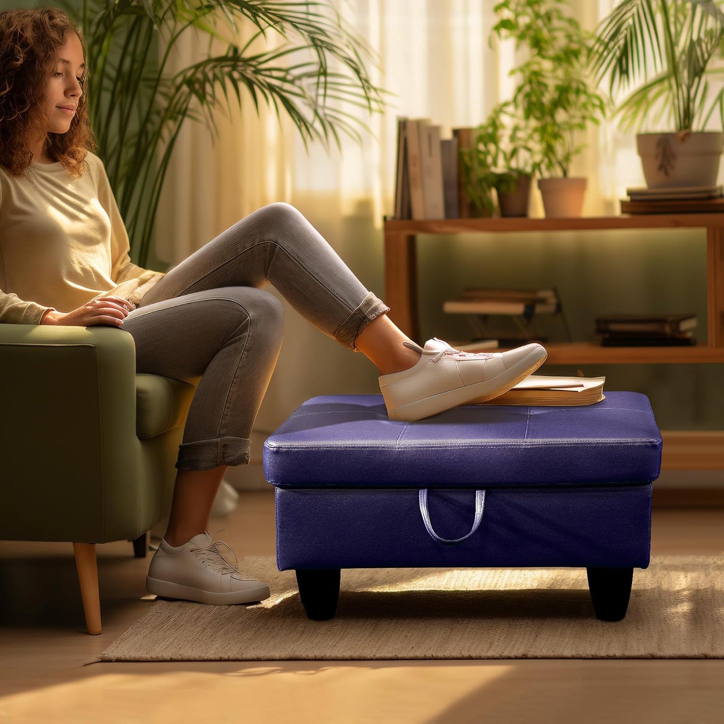 Ottoman Rectangular Storage Ottoman Bench, Faux Leather Footrest, Coffee Table, Stool Footstool with Hinged Lid for Living Room, Bedroom, Entryway, Blue, 28.5"x19"x17.5"