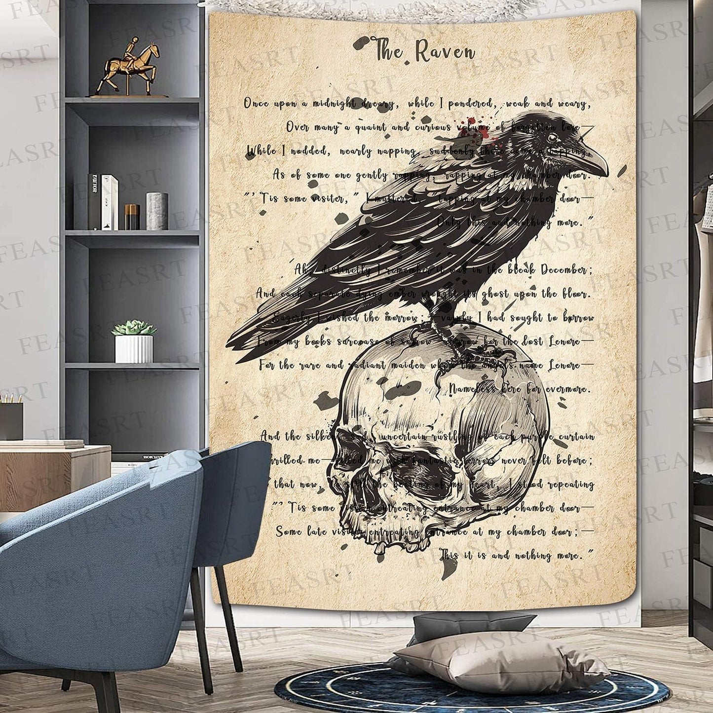 The Raven Tapestry Edgar Allan Poe Poem Tapestry Gothic Skull Dictionary Tapestries Wall Hanging Background 60x80 Inches Living Room Bedroom Home Dorm GTQQAY1544