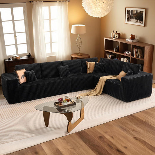 HOOOWOOO Cloud Sectional Couches for Living Room,Modular Sectional Sofa No Assembly,138X108 Inch Plush Corduroy Large L Shaped Floor Couch Set with Deep Seat(Black)