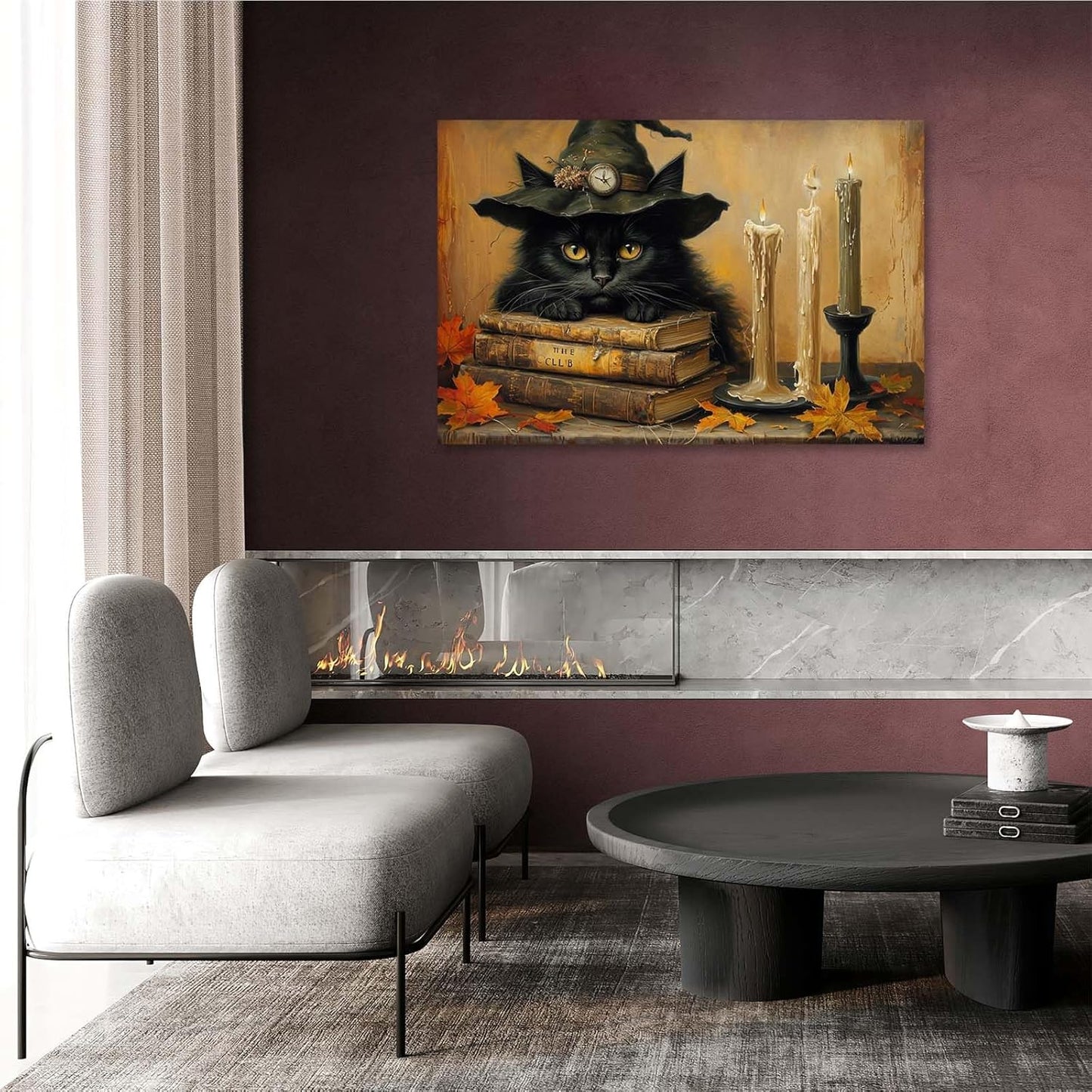 JFHCQJPK Vintage Halloween wall decoration black cat and magic book suitable for home bedroom living room decoration dark classic art witch wall decoration16x24in Frameless