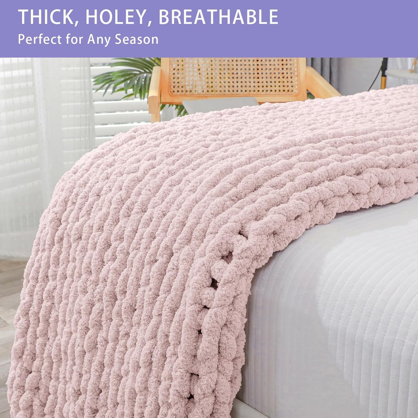 Bigacogo Chunky Knit Throw Blanket for Couch, 40x60 inches, 100% Hand Knitted with Thick Jumbo Chenille Yarn, Cozy Soft Large Rope Knot Cable Crochet Blankets for Sofa Bed Living Room, Rose Tan