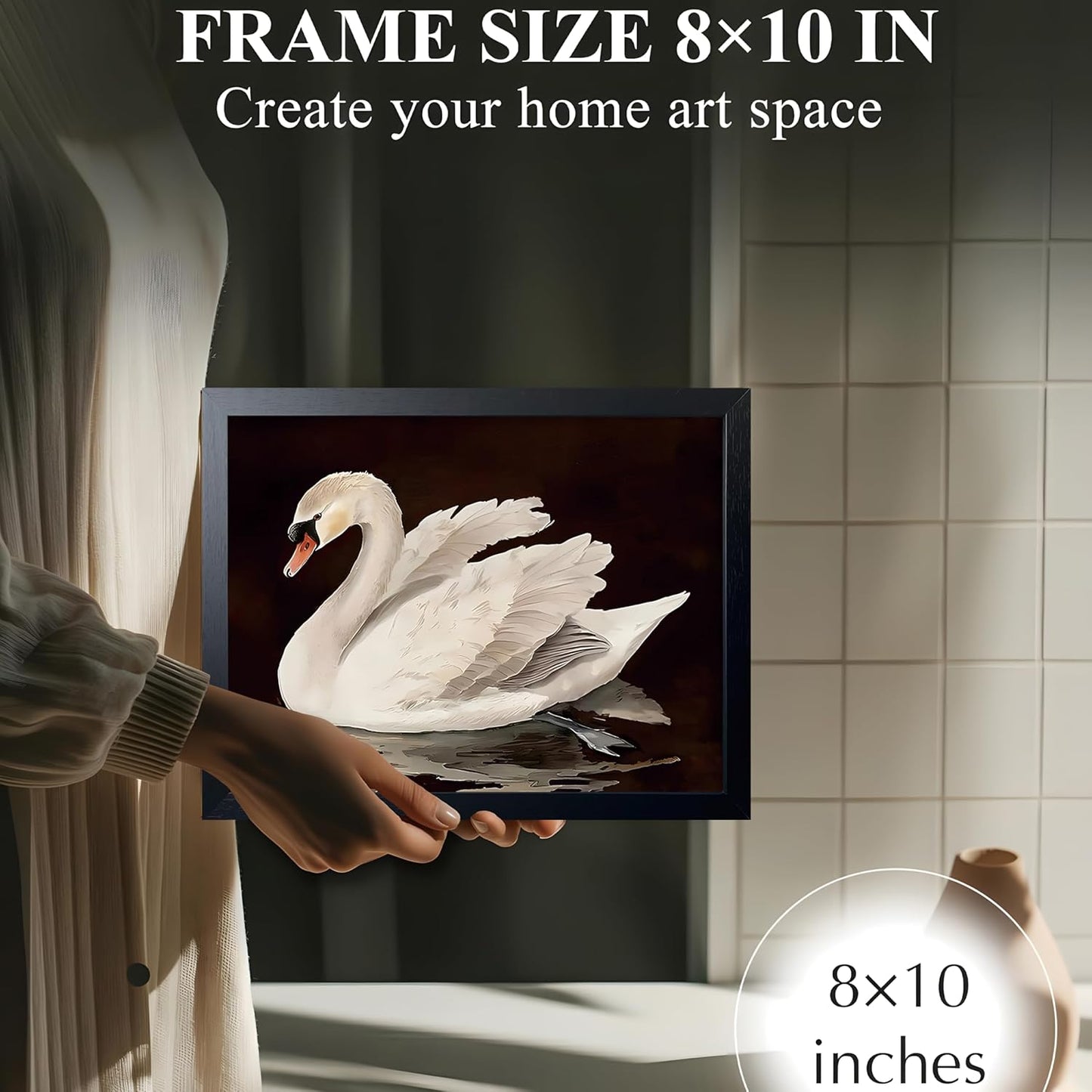 Black Wood Framed Wall Art Canvas Print Home Decor, Vintage Swan Aesthetic Wall Decor Photo, Classical Grace Swan Bathroom Prints Painting for Living Room Bedroom Office Decor 8x10 Inch