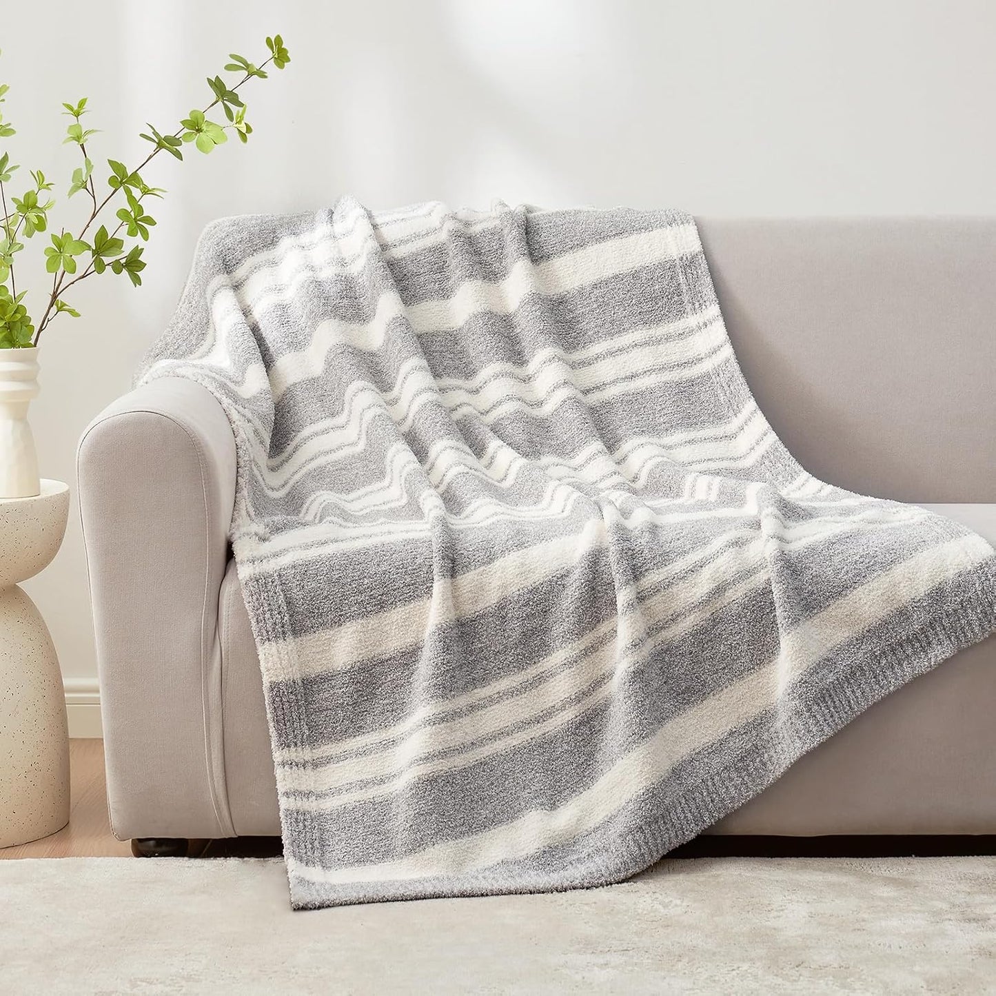Snuggle Sac Grey Stripe Knitted Throw Blanket for Couch, Reversible Super Soft Warm Blankets Cozy Knit Fuzzy Plush Lightweight Throws for Sofa, Bed, Stripe Grey, 50 x 60 inches