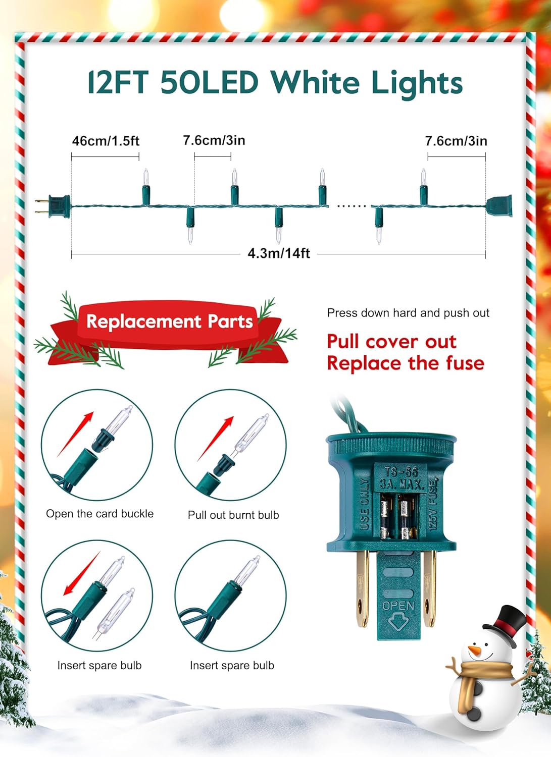 Clear Christmas String Lights 50 Count 12 Feet Incandescent Bulb Mini Lights for Indoor Outdoor Xmas Tree Garland Birthday Wedding Party Festival Decoration, Green Wire