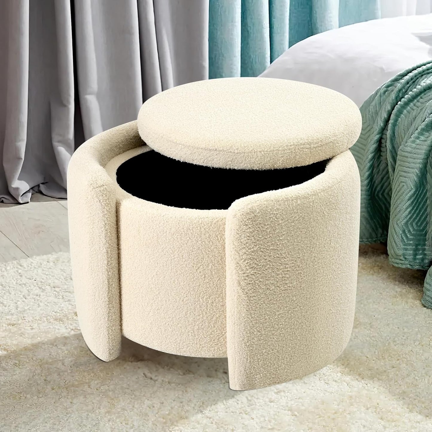 Furniliving Upholstered Button Tufted Round Ottoman, Ottoman with Storage, Teddy Footrest Stool, Removable Lid Convenient Footstools, Bedroom Ottomans with Storage for Vanity, Living Room, Beige