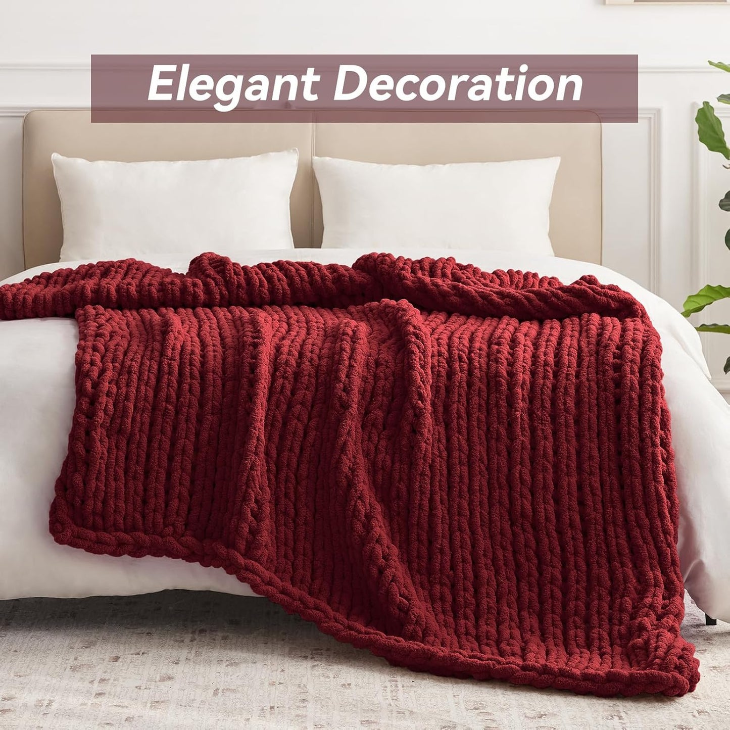 Chunky Knit Throw Blanket, 40''*50'' Knitted Throw Chenille Yarn for Bed Couch, Handmade Red Crochet Big Thick Blanket, Machine Washable Cute Comfy Blanket for Home Decor