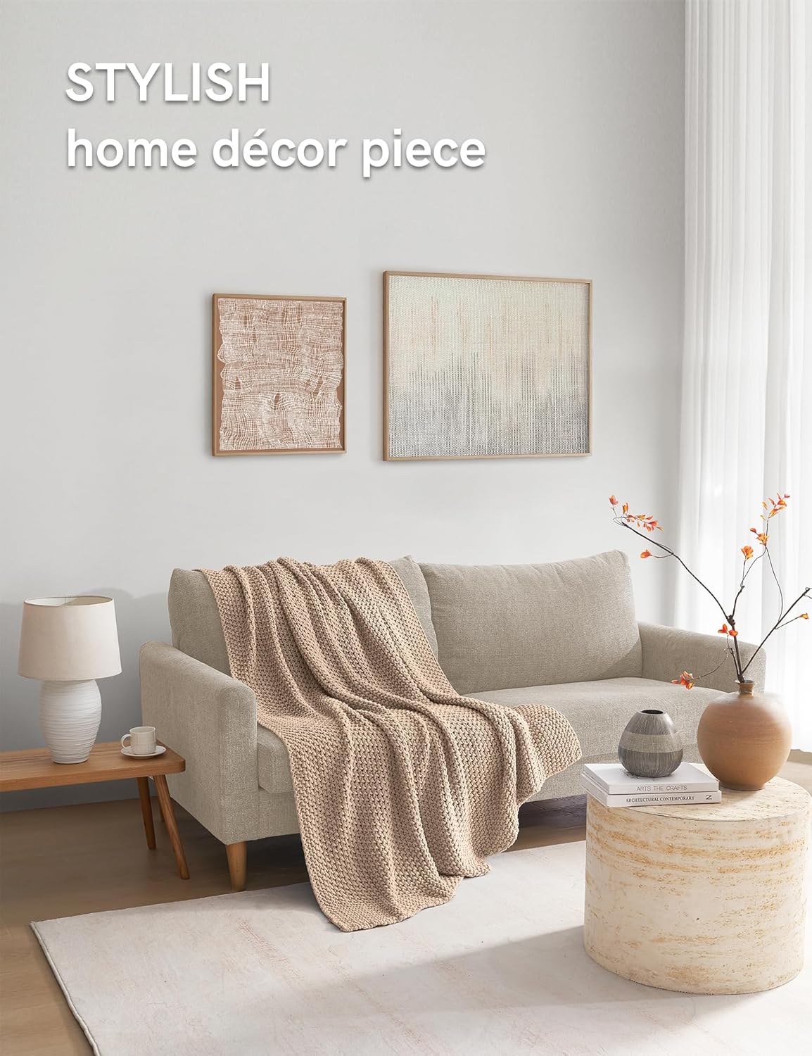 YnM Chunky Cotton Knit Throw Blanket, Cable Knit Throws for Bed Couch Sofa, Comfy & Relaxing, Decorative Piece for Farmhouse Modern Boho Rustic Scandinavian Chic Vibe, Beige 80x87 Inches