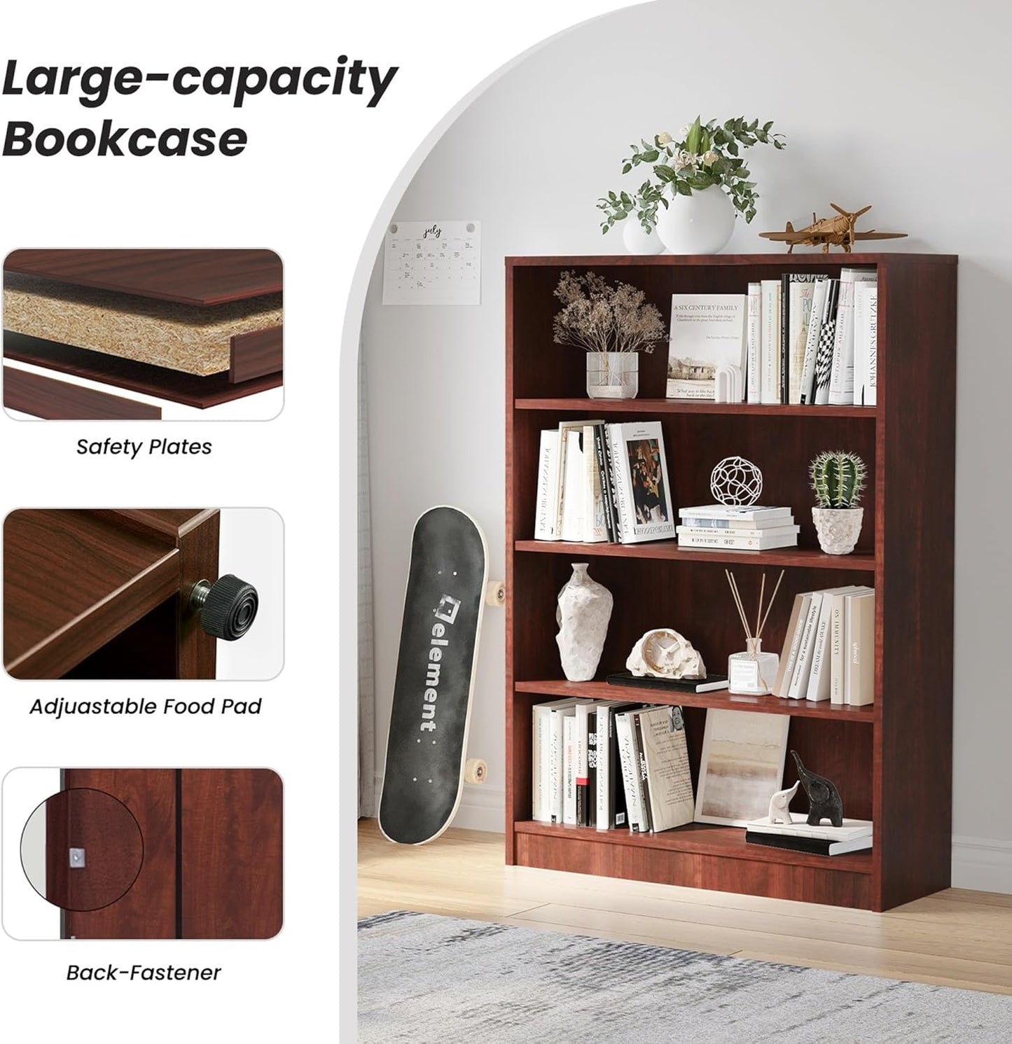 Bookshelf, Open Modern Bookshelf, 4 Shelf Bookcase with Freestanding Display Storage, Wooden Book Shelf for Bedroom, Living Room, Dinning Room, Office, 48 Inch, Brown