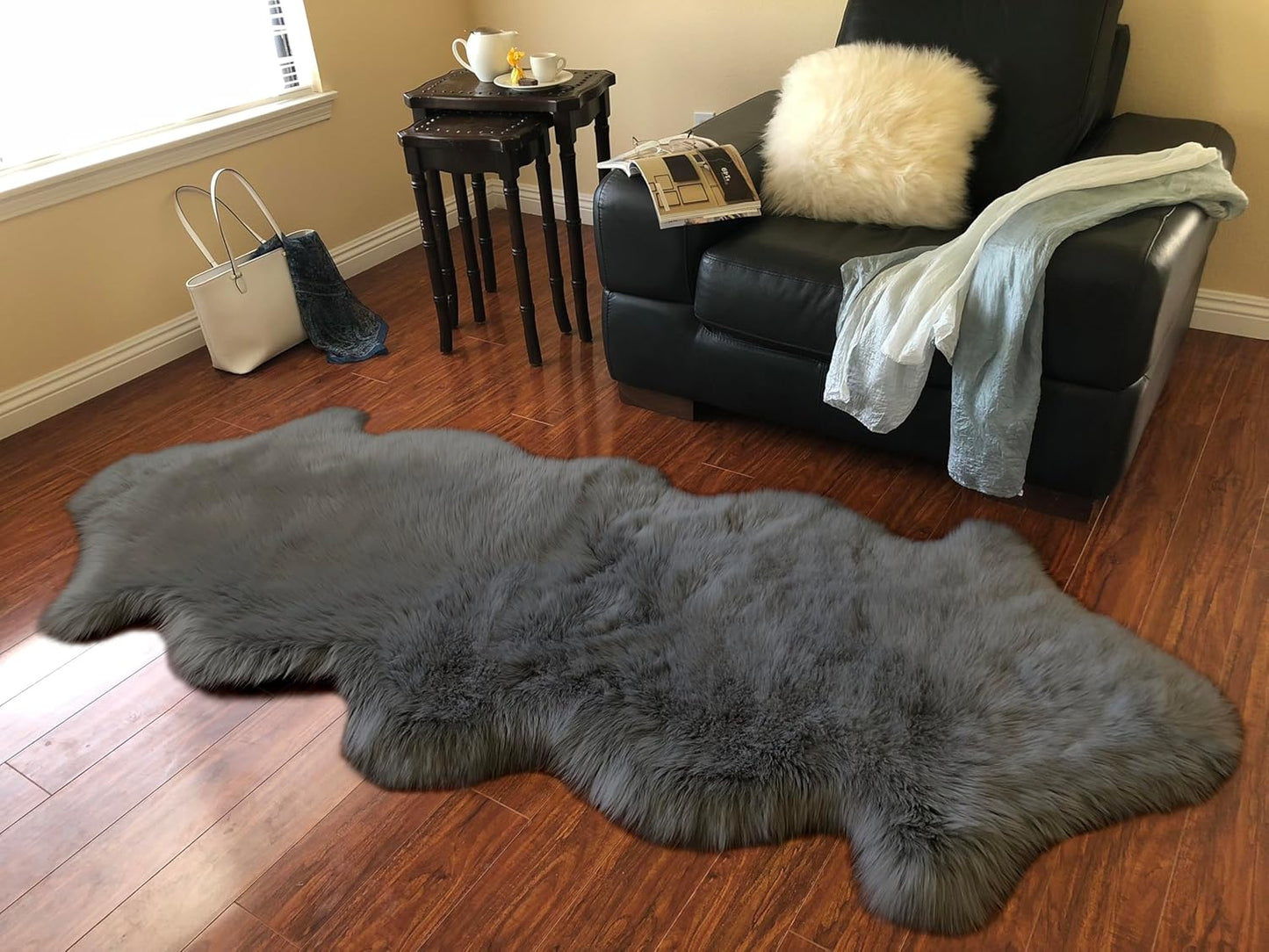 LAMBZY Faux Sheepskin Super Soft Hypoallergenic Free Shape Silky Shag Rug, Luxury Shaggy Plush Carpet for Bedrooms Living Kids Room Sofa Rugs (Dark Grey, Double 2'x6')