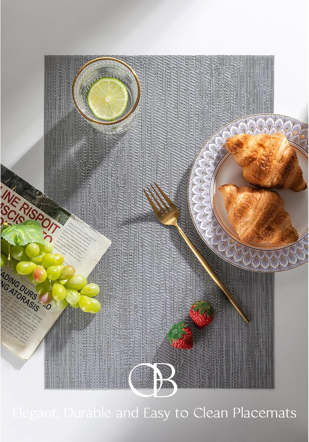 Placemats Set of 4 - Easy Clean Woven Vinyl Placemat for Dining Table, Indoor/Outdoor Place Mats, Washable PVC Table Mats（Gray）