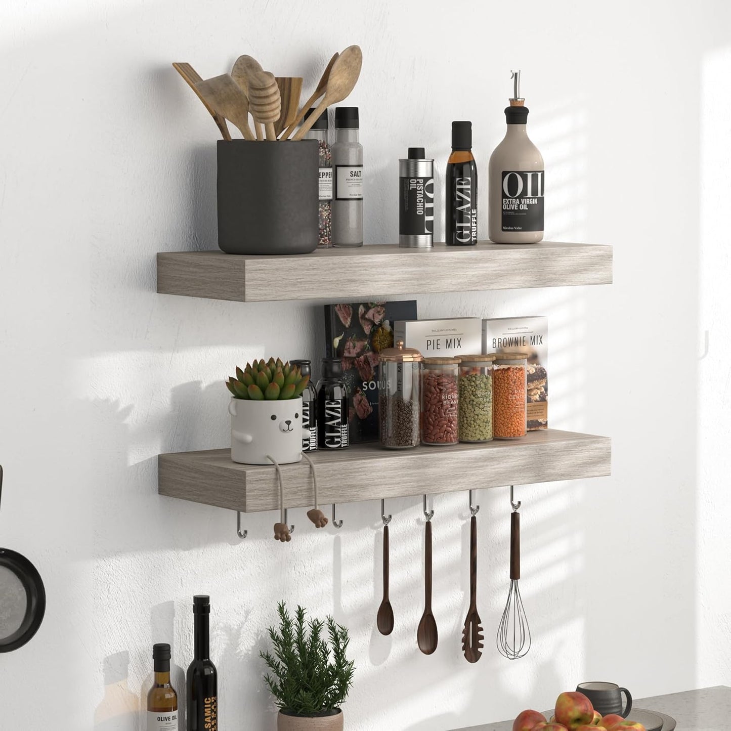 Floating Shelves - Rustic Grey Storage Shelf Set of 2 - 16 Inch Wall Mounted Shelves for Wall Decor & Storage - Wooden Shelves with Invisible Brackets for Living Room, Bedroom, Kitchen, Farmhouse