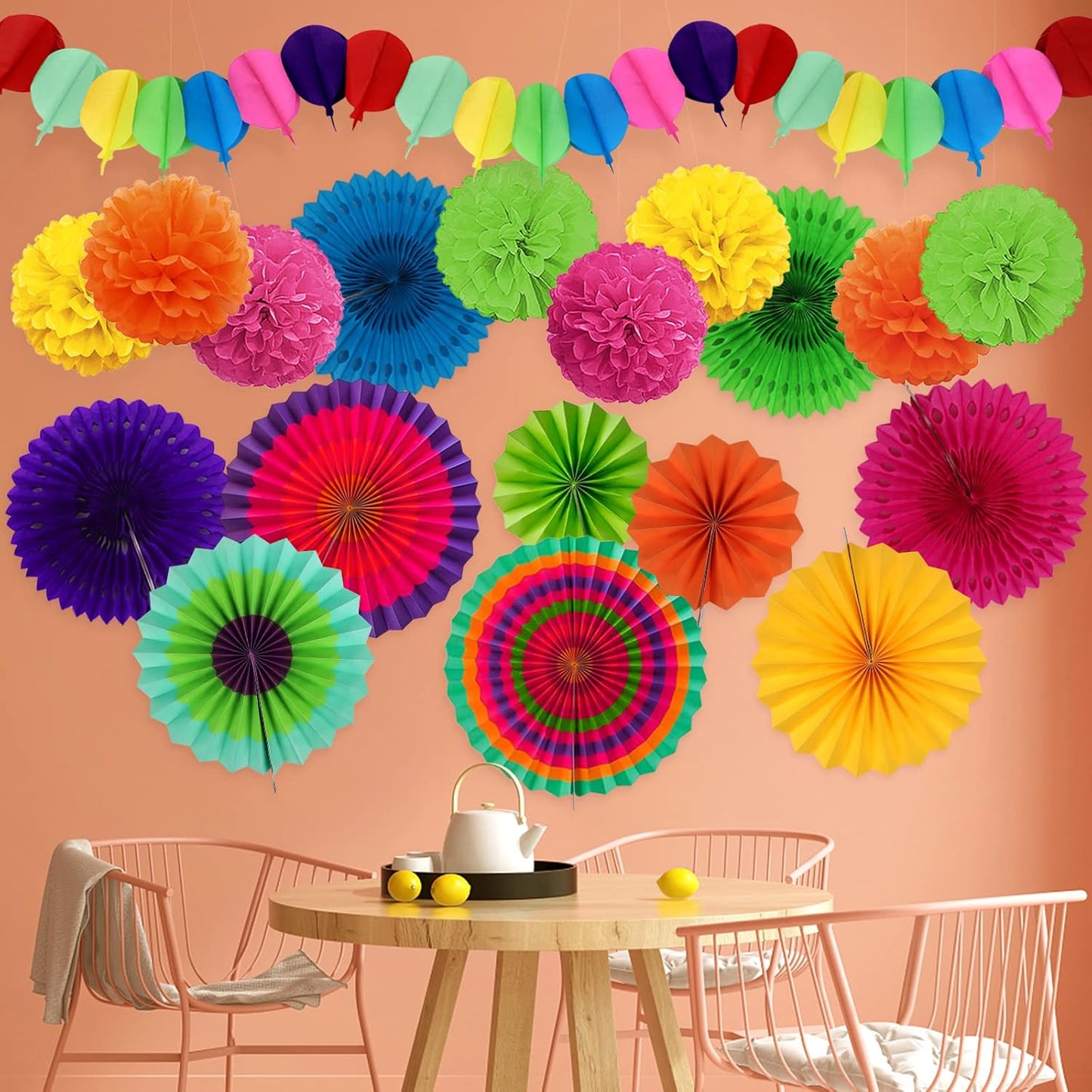Fiesta Party Decorations, Multicolored Paper Pompoms Fan Garlands for Mexican Party Cinco De Mayo Luau Event Birthday Holi Decorations Colorful Rainbow Party Supplies