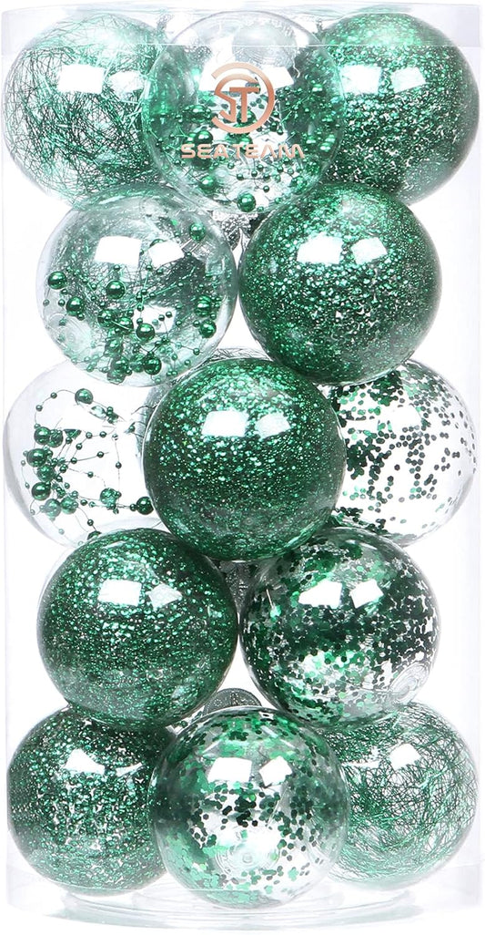 Sea Team Shatterproof Clear Plastic Christmas Ball Ornaments Decorative Xmas Balls Baubles Set with Stuffed Delicate Decorations (80mm/3.15 inch 20-Pack, Green)