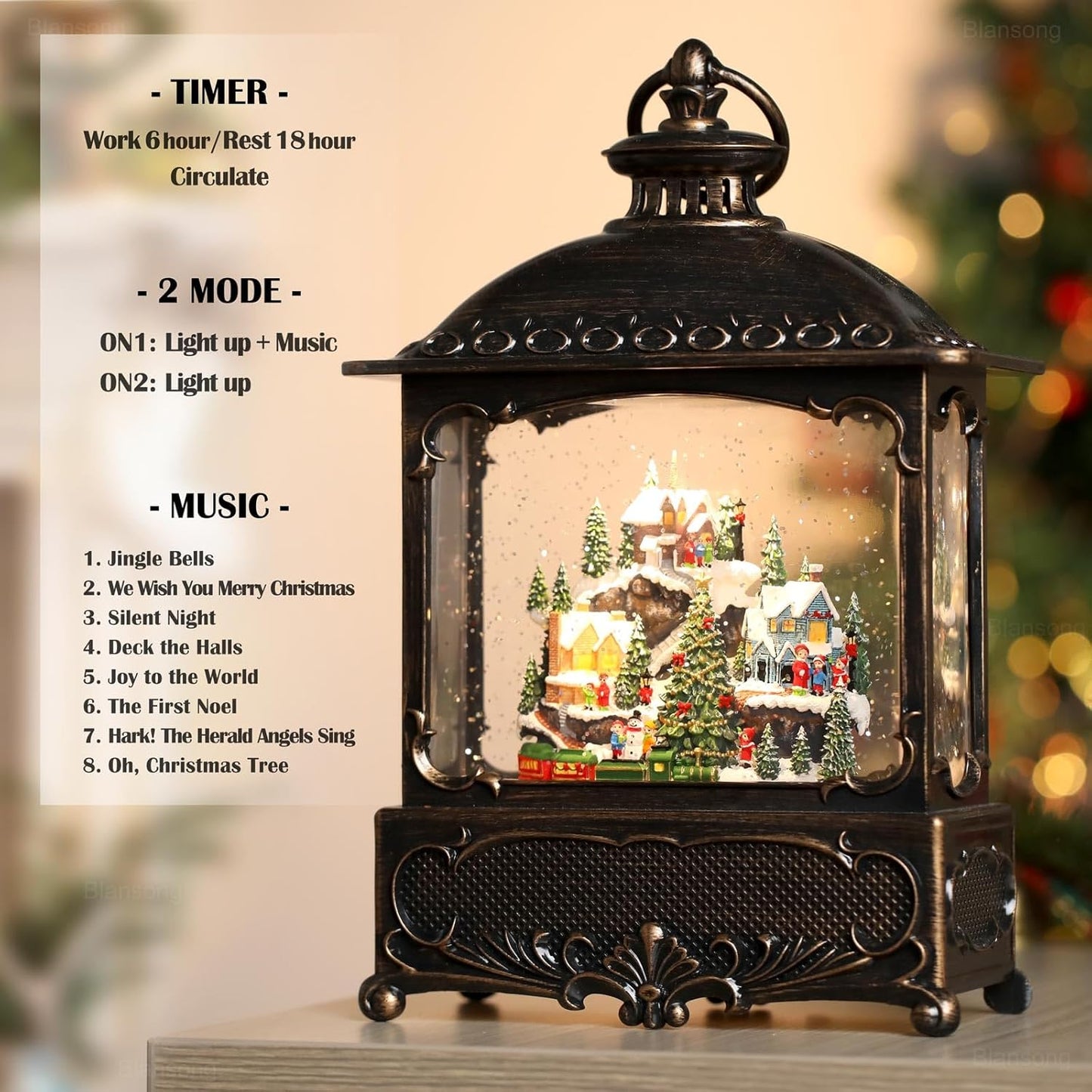 Village Snow Globe Christmas Decorations Gifts Auto Snowfall Glitter Music Collection Village Scene Train Tree Church Snowman with 6H Timer USB/Battery Powered 12 inch