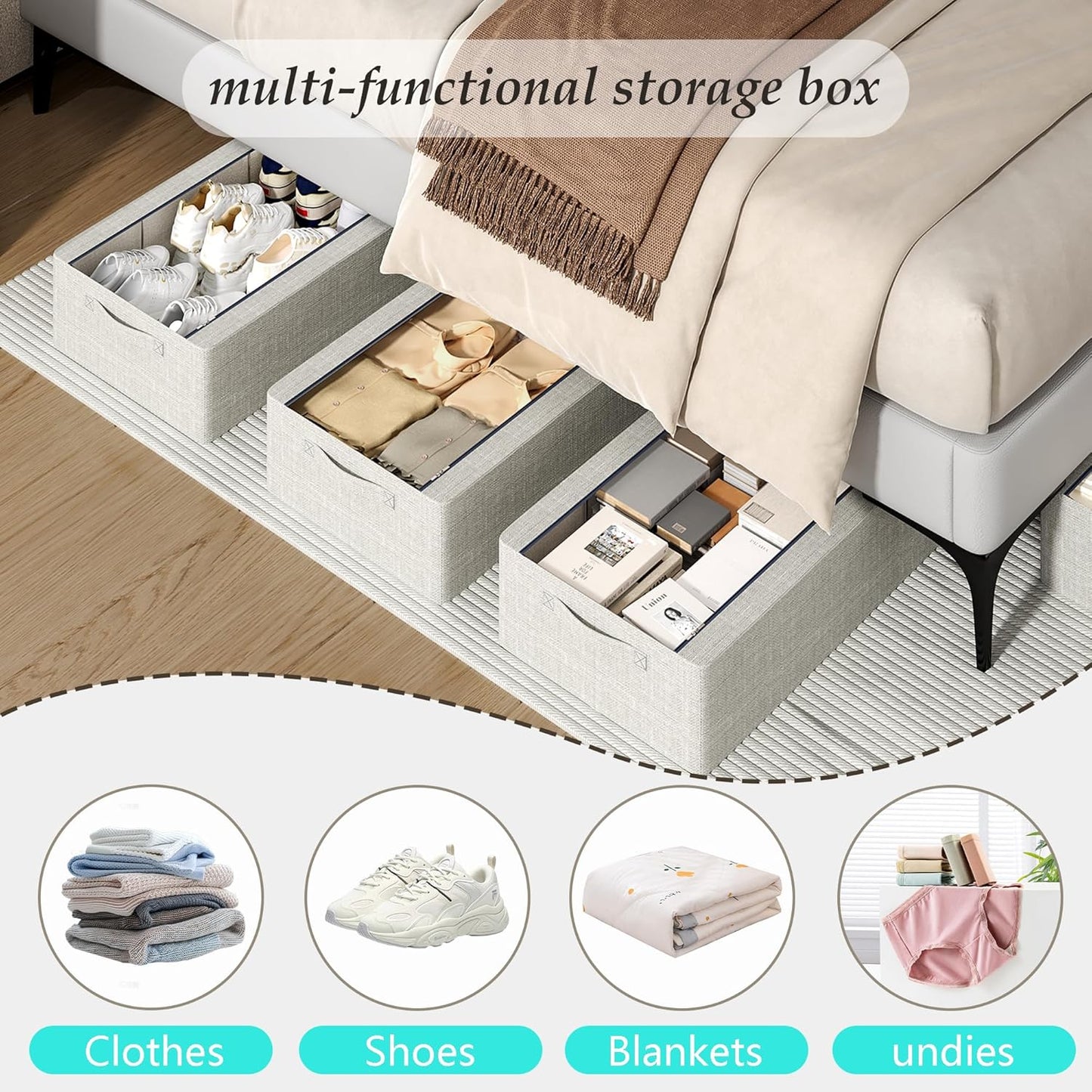 3PCS Under Bed Storage Bins with Metal Frame, Linen Fabric Frame Storage Box Clothes Organizer Bins, Underbed Container with Clear Window (Light Grey, 23.6 x 13 x 6IN)