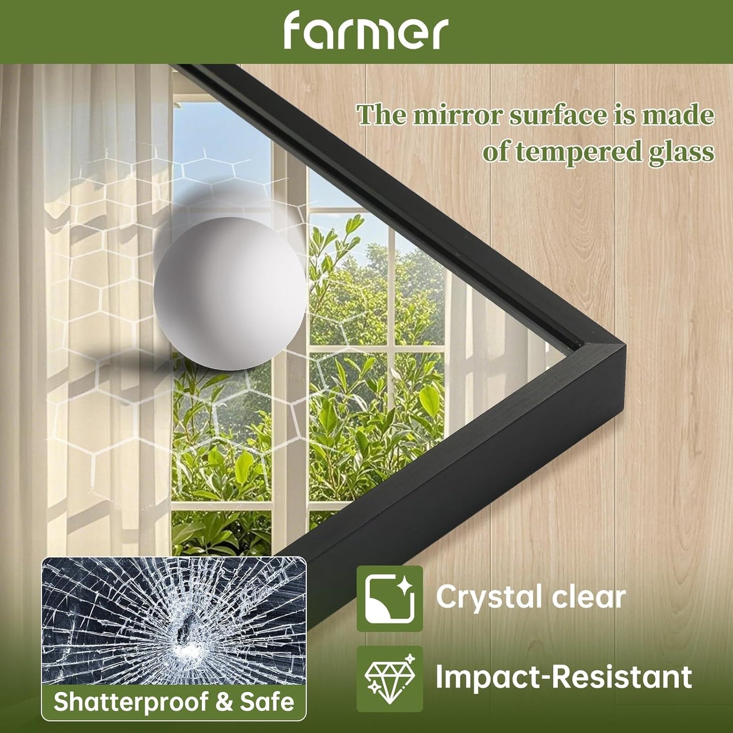 FARMER 16x24 Inch Black Bathroom Mirror, Rectangle Wall Mounted Mirror, Vanity Mirror, Brushed Square Mirror, Framed Bathroom Mirror for Bedrooms, Entryways, Living Rooms, Horizontal/Vertical