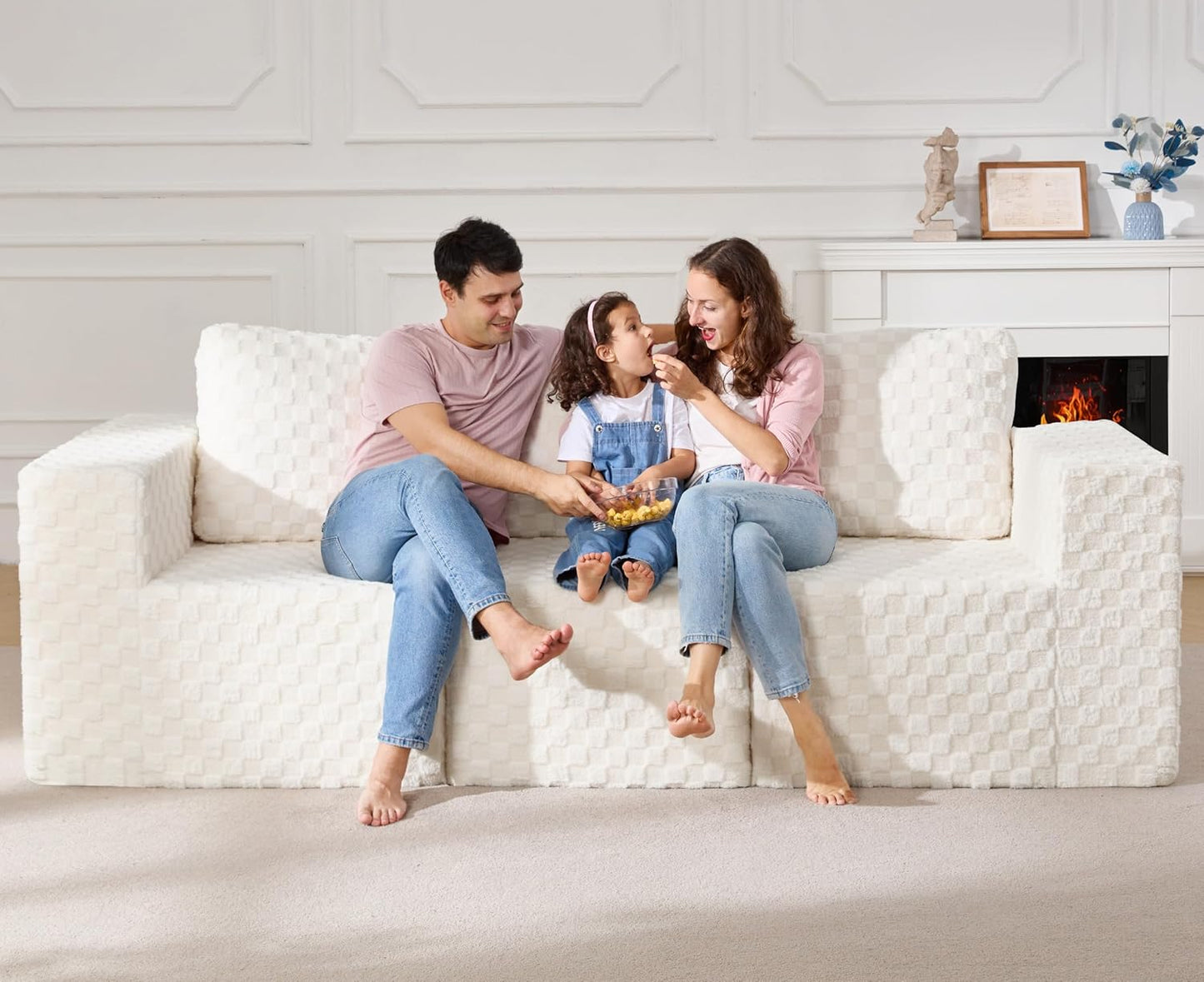 Modular Sectional Sofa 3-Seater Modular Couch with Deep Seat Memory Foam Cloud Chair with Pillows Oversized Sectional Sofa for Living Room Bedroom (Plush White, 3-Seater)