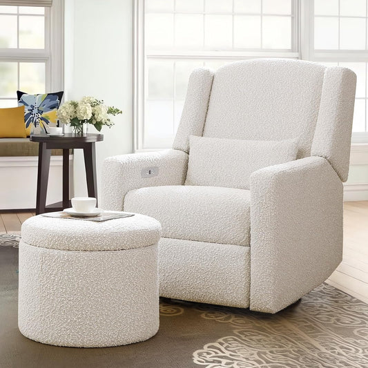 Power Recliner Chair Swivel Glider, Large Rocker Recliner with Ottoman & USB Charging Port, Boucle Upholstered Swivel Rocker Glider Recliner for Nursery,Bedroom,Living Room, Cream