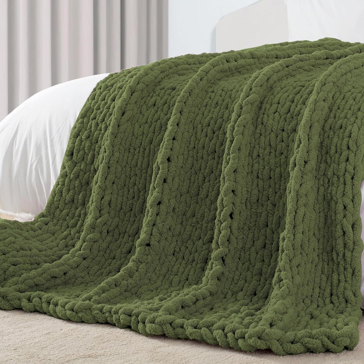 Carriediosa Chunky Knit Throw Blanket 60" X 80" Twin, 100% Hand Made Large Chenille Loop Yarn Soft Fluffy Throws for Couch Sofa Bed, Big Crochet Cozy Heavy Thick Cable Woven Blankets, Olive Green