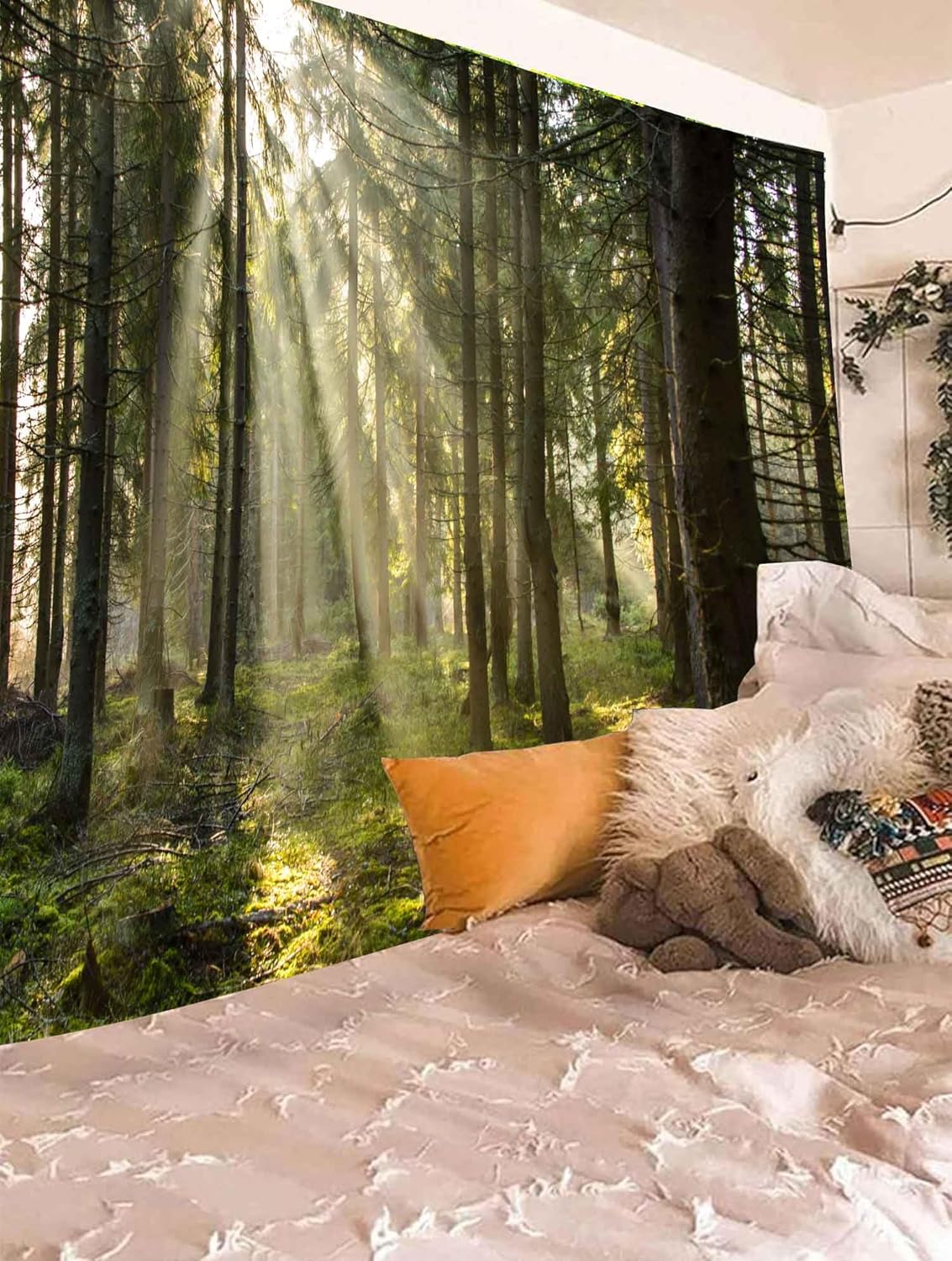 Onivein Forest Tapestry Nature Sunlight Streaming Through Green Trees Wall Hanging for Bedroom Living Room Office Decor 60 x 50 Inches