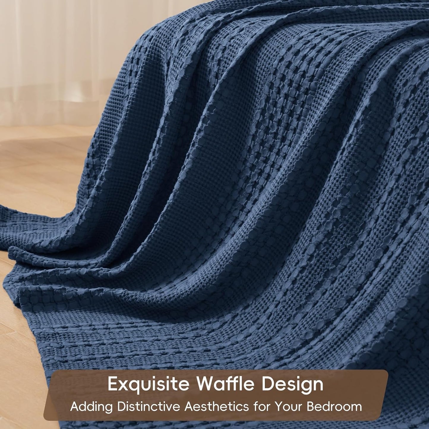 PHF 100% Cotton Waffle Weave Blanket King Size, Soft Lightweight Breathable Cozy Summer Blankets for Bed, Luxury Aesthetic Woven Bedding for Home Decor, 108"x90", Bright Navy Blue
