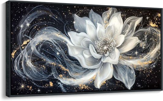 QZQCBLC Black and White Floral Wall Art, Abstract Lotus Flower Framed Canvas Painting White Gold Petals Modern Pictures Artwork for Living room Bedroom kitchen Bathroom Home Office Decor 20x40 IN