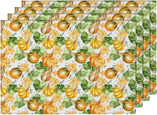 MANSPHIL Orange Pumpkin Placemats Set of 4 for Fall Theme Thanksgiving Decor - Farmhouse Cloth Cotton Faux Linen Table Place Mats for Dining Kitchen Washable - 13x19 Inch