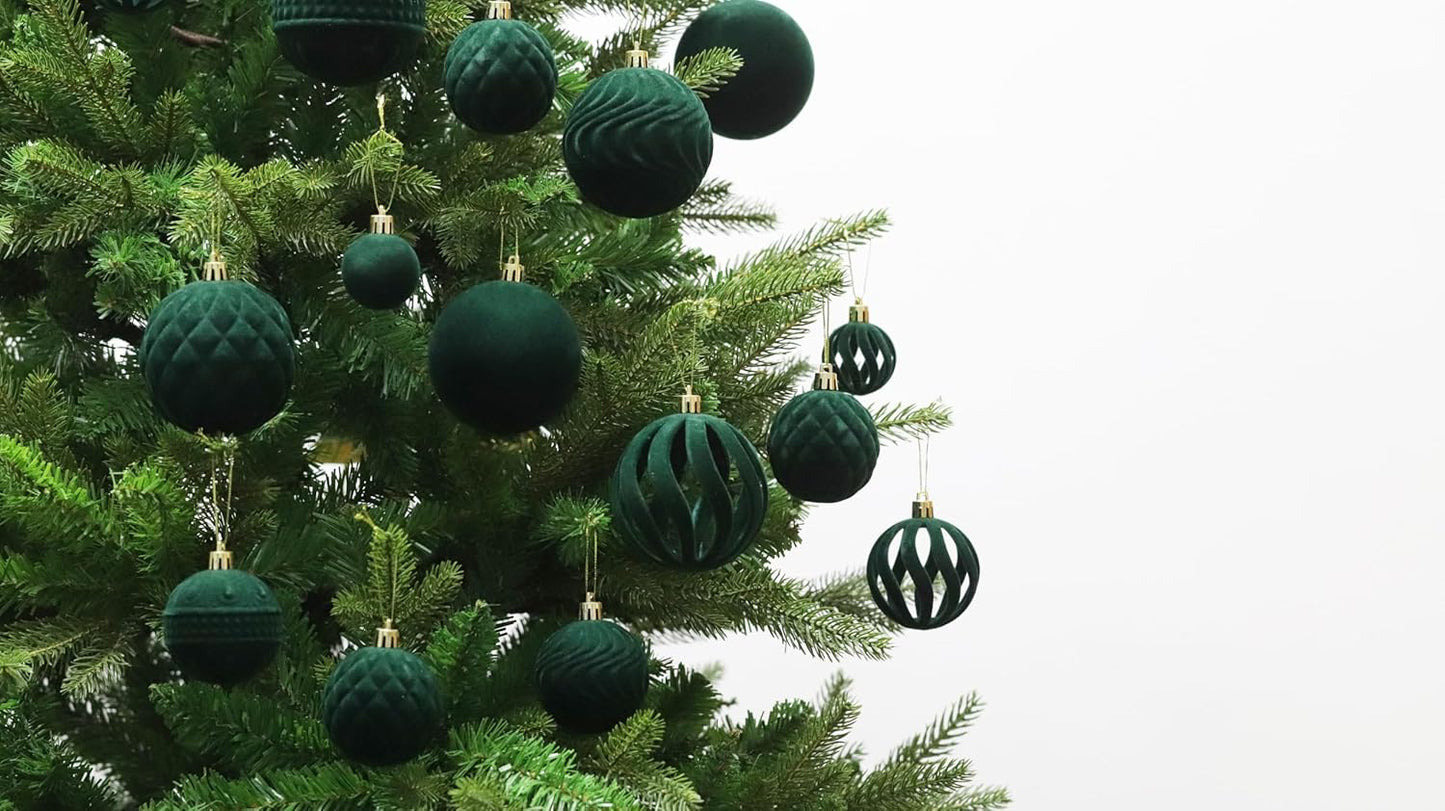 Senjie 2025 Velvet Christmas Ball Ornaments Sets 63pcs Bulk Flocked Christmas Ornaments Assortment Decor for Xmas Deep Green