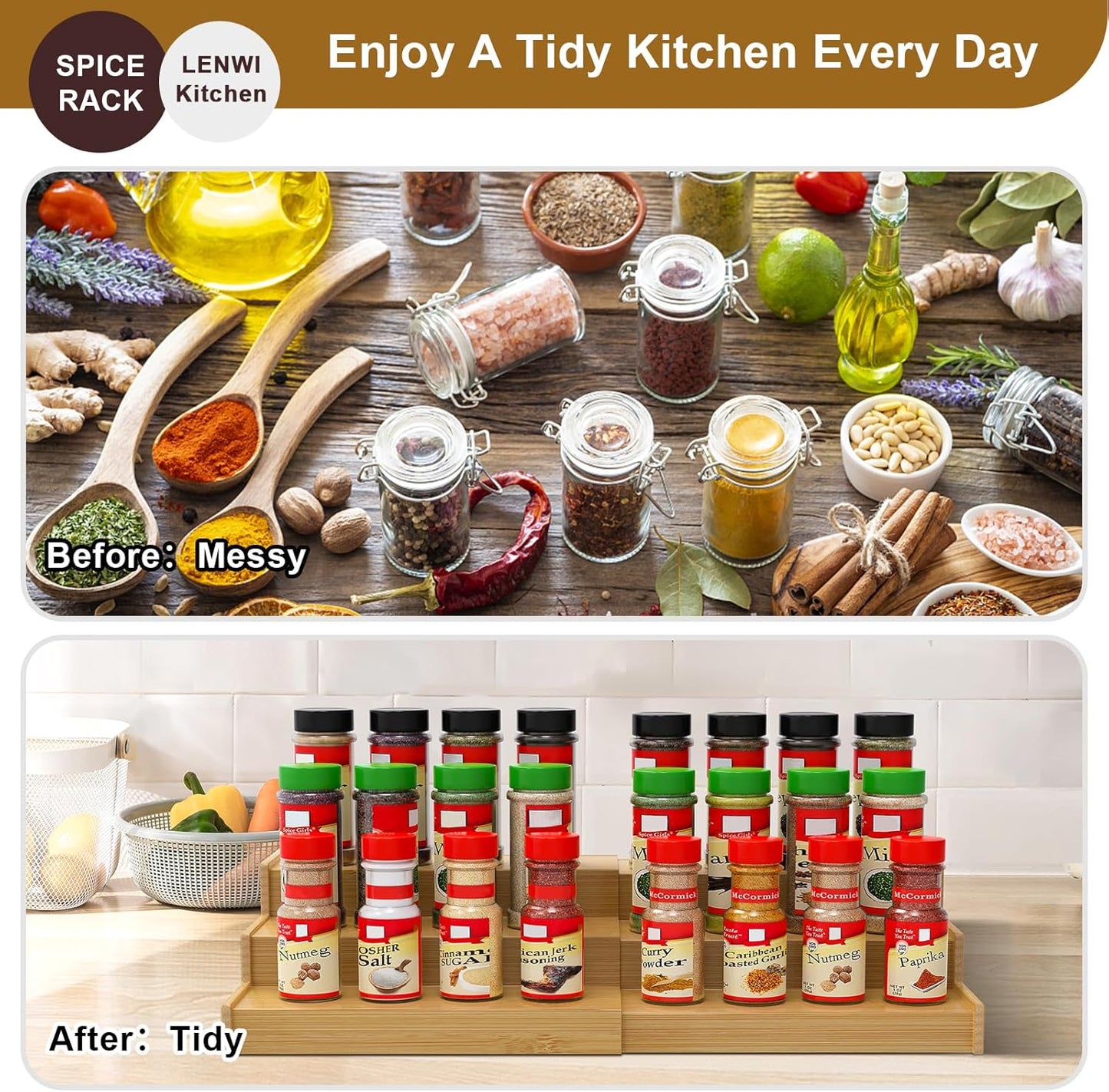 Spice Rack Organizer for Cabinet 2Pack, 3 Tier Expandable Bamboo Spice Storage, Great for Kitchen Cabinet, Cupboard,Pantry and More(Natrual)