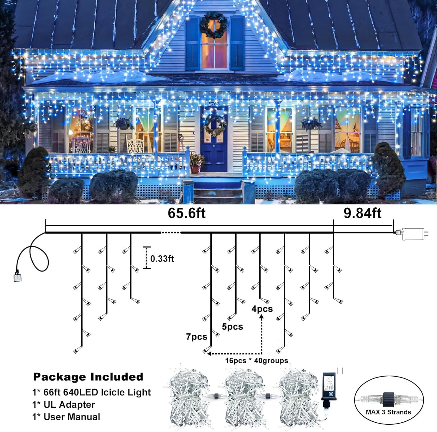 66FT 640 LED Icicle Lights for Outside, Icicle Christmas Lights Outdoor with 8 Modes Timers, Waterproof Plug in Twinkle String Light for Yard Eave Patio Party Holiday Decorations, Blue White